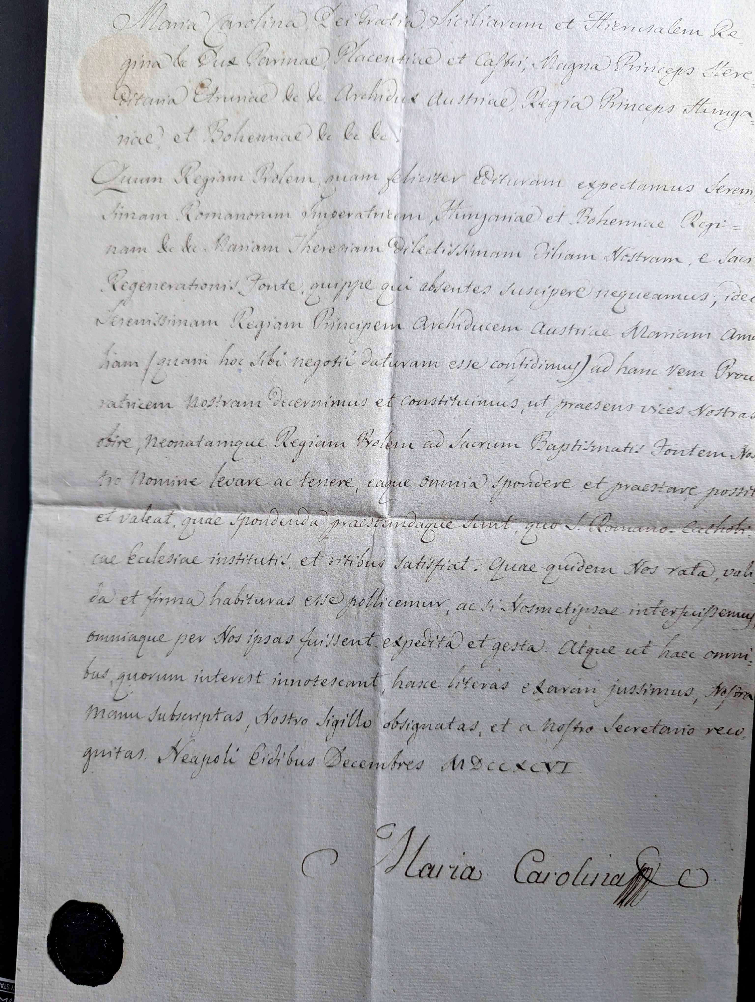 MARIA CAROLINA — Fine Document in Italian with translation signed 'Maria Carolina' to Archduchess Amalia | Sophie Dupré Autographs