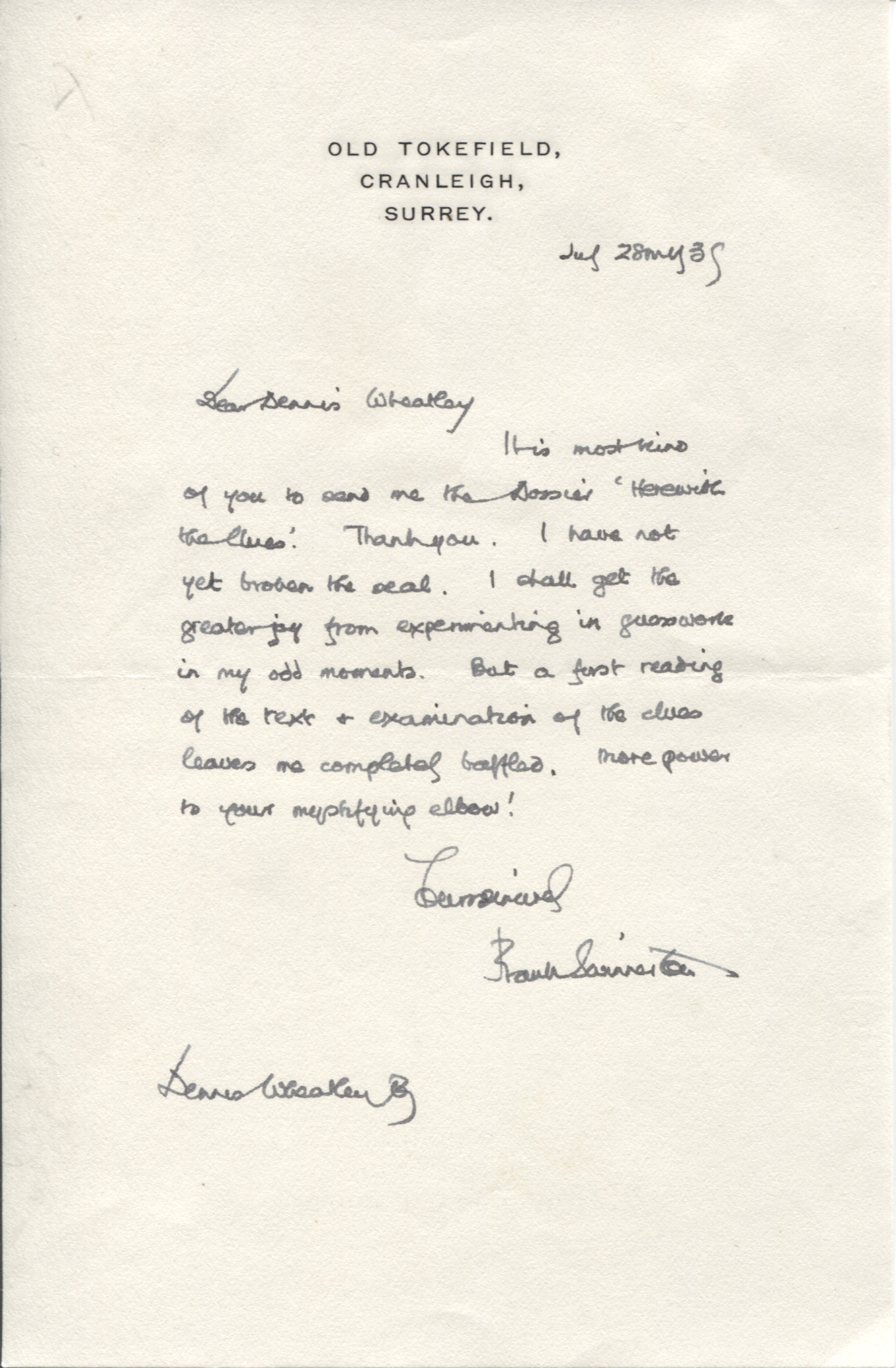 SWINNERTON — Fine Autograph Letter signed to Dennis WHEATLEY | Sophie Dupré Autographs