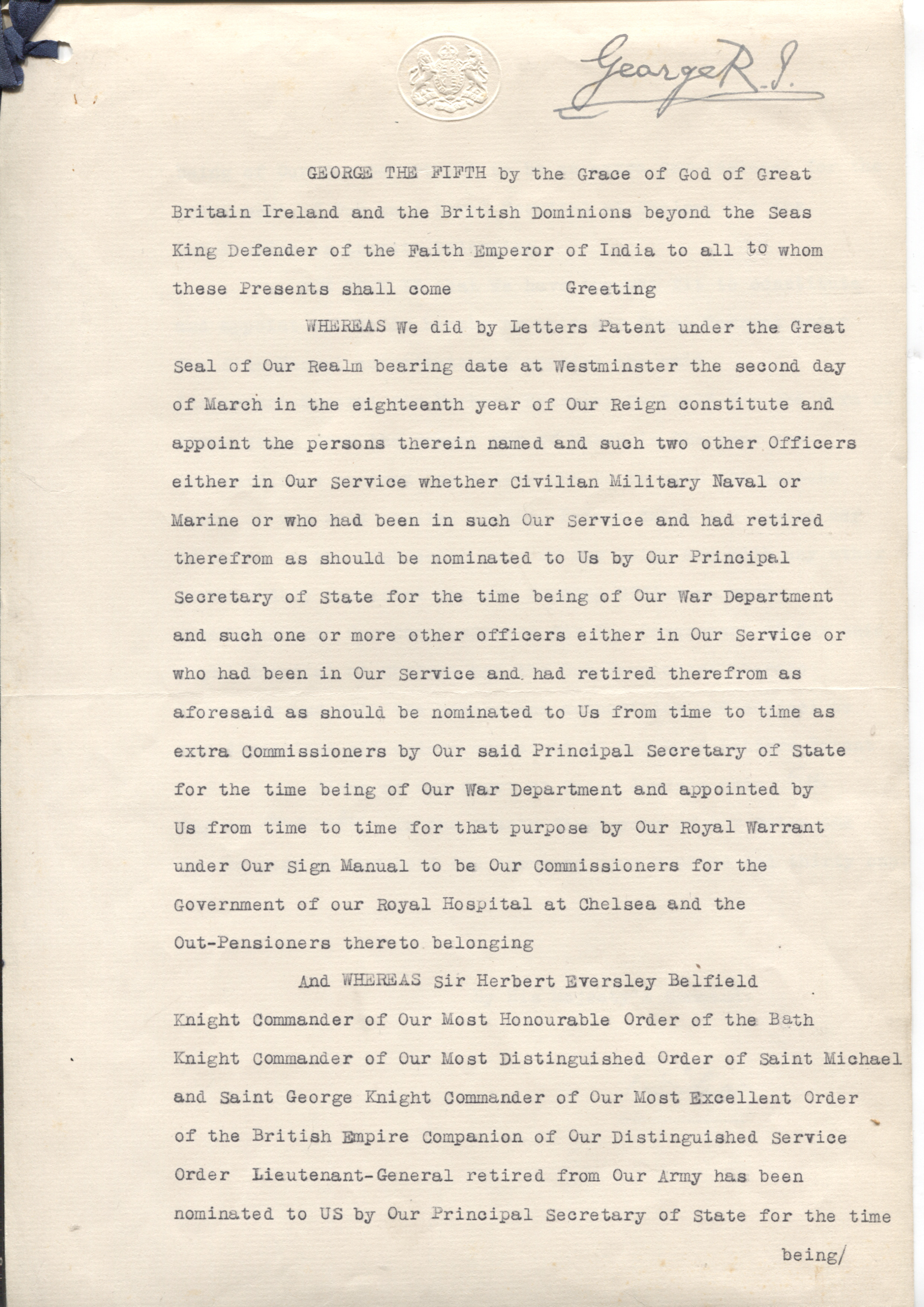 GEORGE V — Fine Document signed at the head 'George R.I.' | Sophie Dupré Autographs