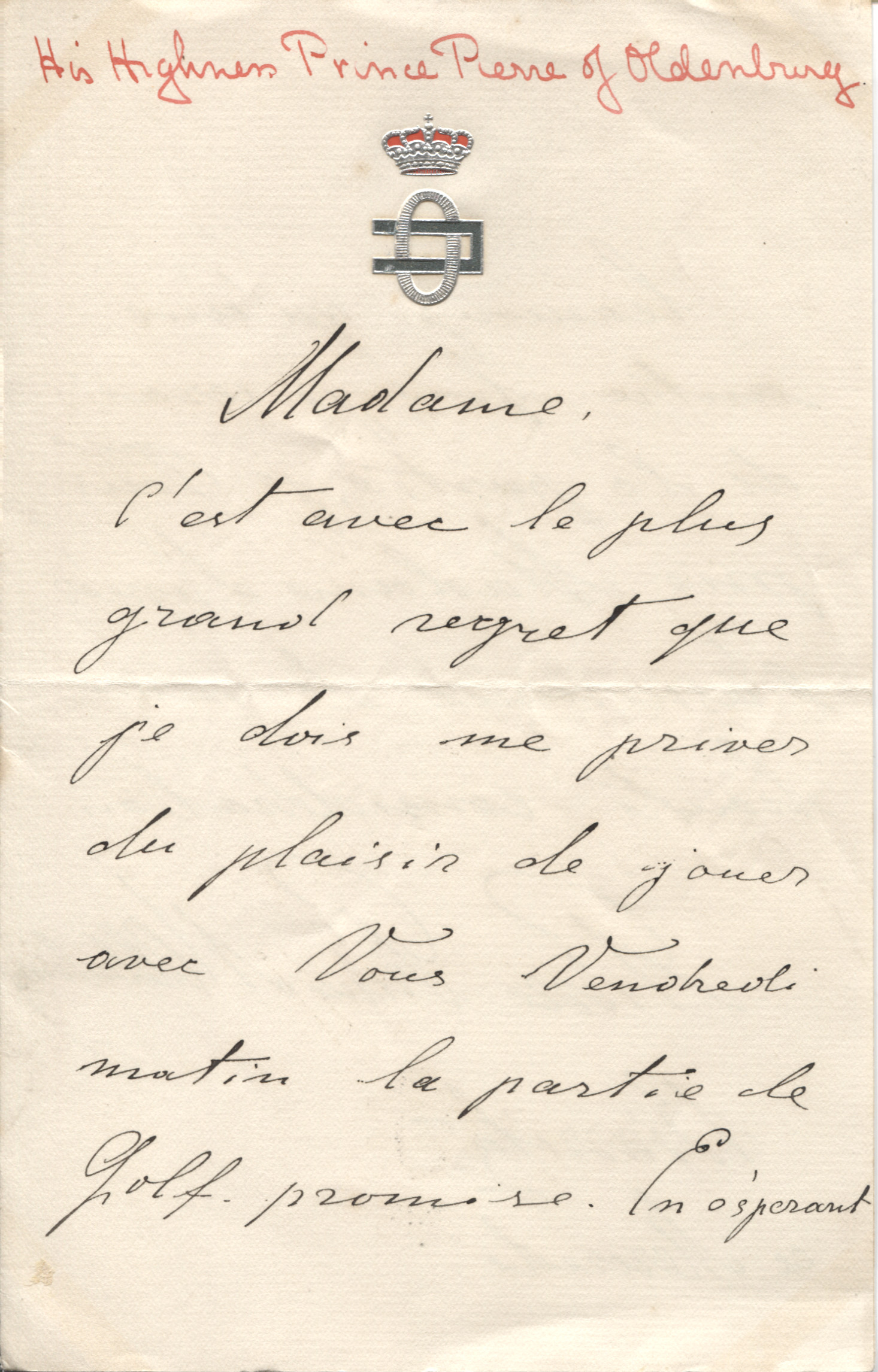 OLDENBURG — Autograph Letter Signed in French with translation to an unnamed correspondent | Sophie Dupré Autographs