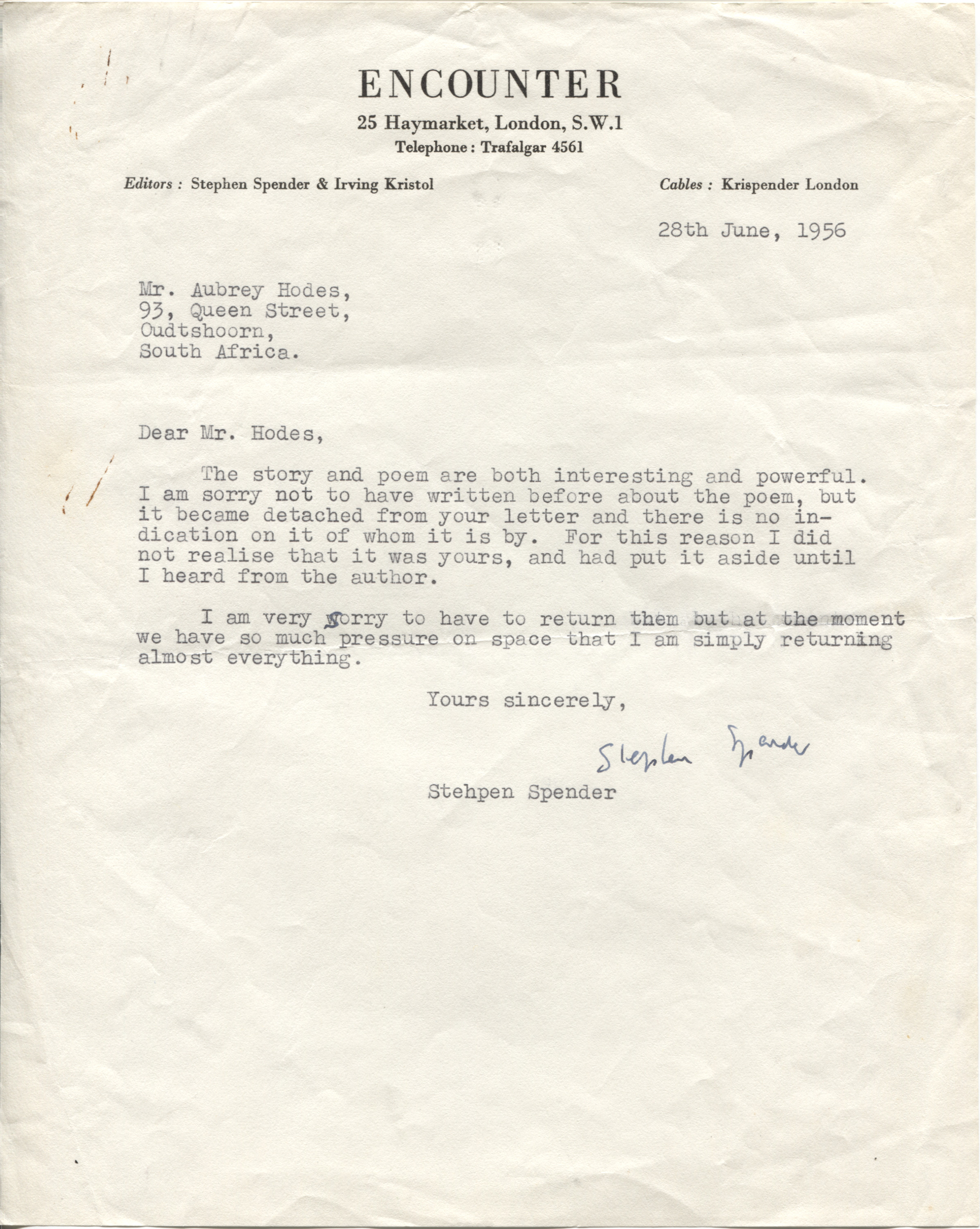 SPENDER — Typed Letter Signed to fellow author Aubrey Hodes | Sophie Dupré Autographs
