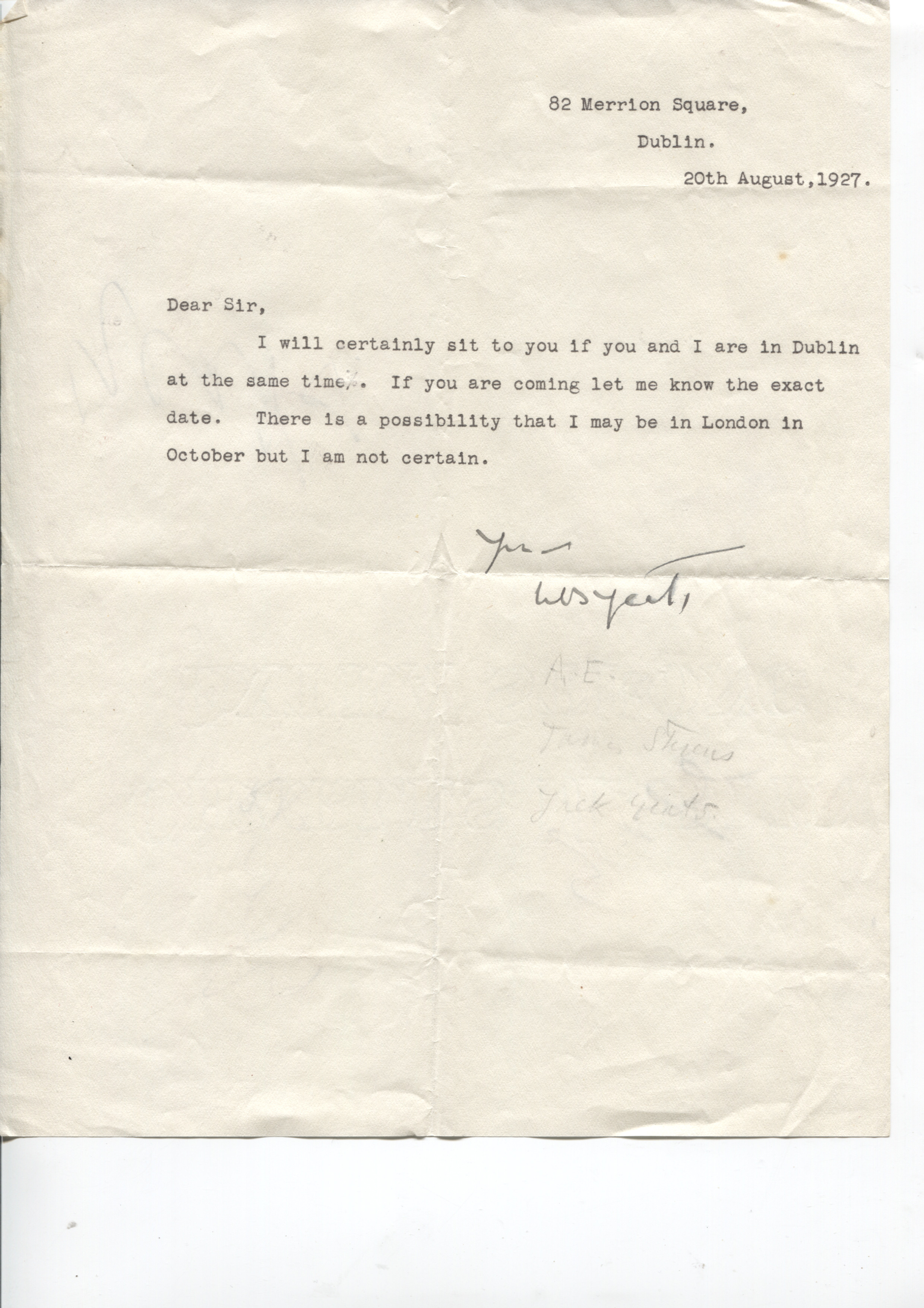 YEATS — Typed Letter Signed to an unnamed correspondent | Sophie Dupré Autographs