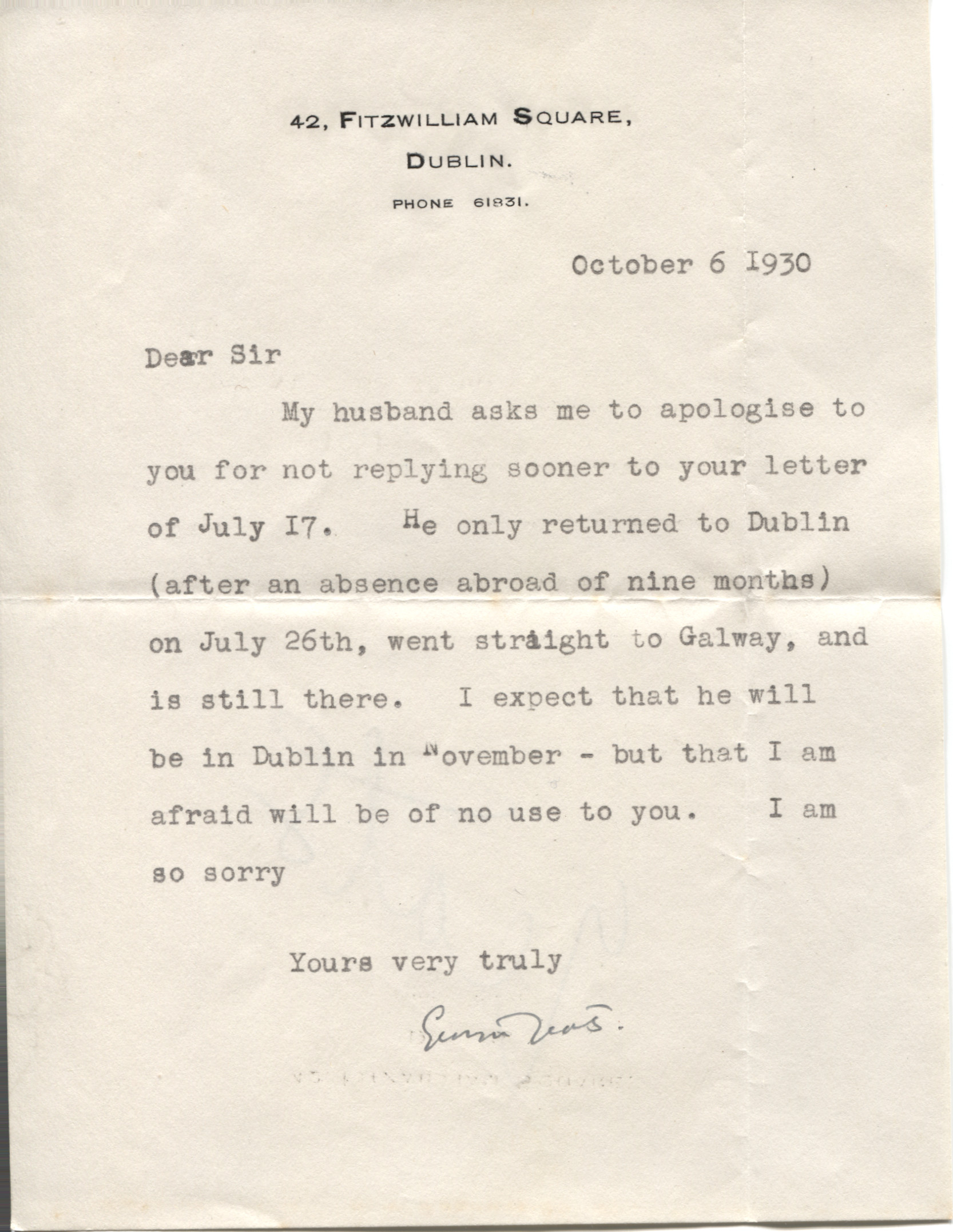 YEATS — Typed Letter Signed to an unnamed correspondent | Sophie Dupré Autographs
