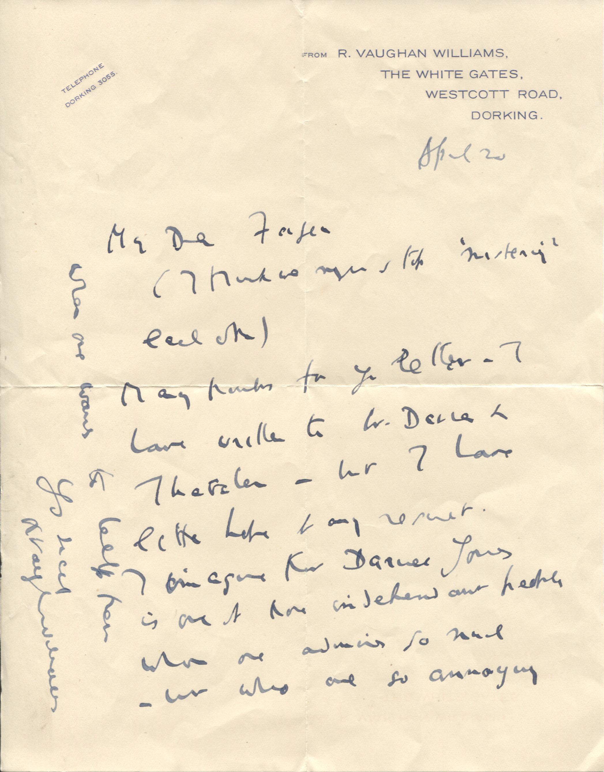 VAUGHAN WILLIAMS — Fine Autograph Letter Signed to Harry FARJEON | Sophie Dupré Autographs