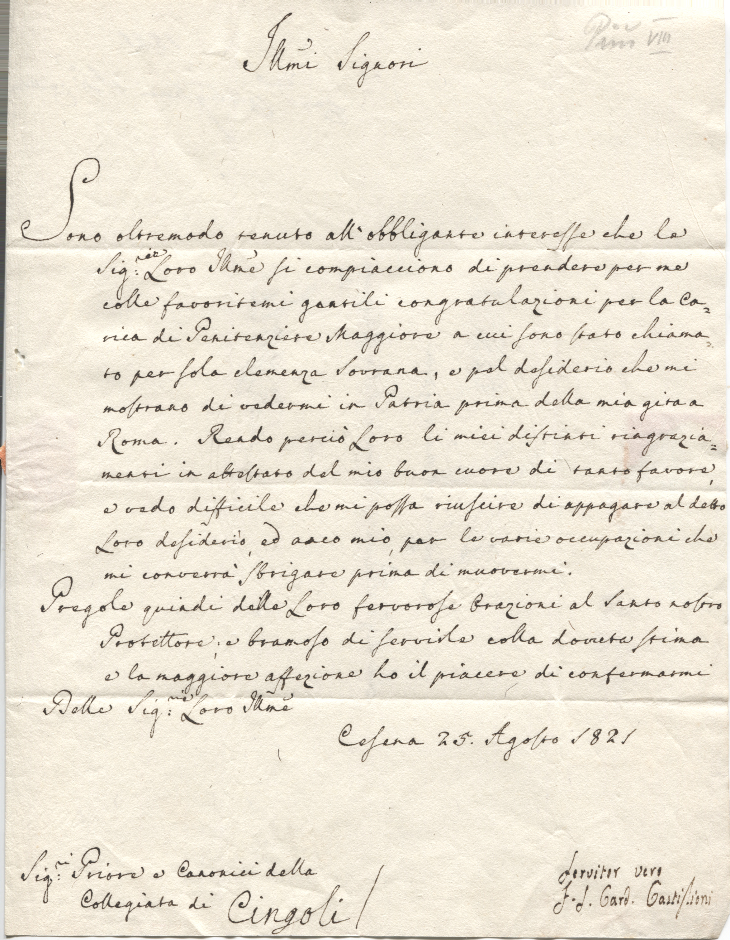PIUS VIII — A friendly Clerk Written Letter Signed to the Prior and Canons of the Collegiate Church of Cingoli | Sophie Dupré Autographs
