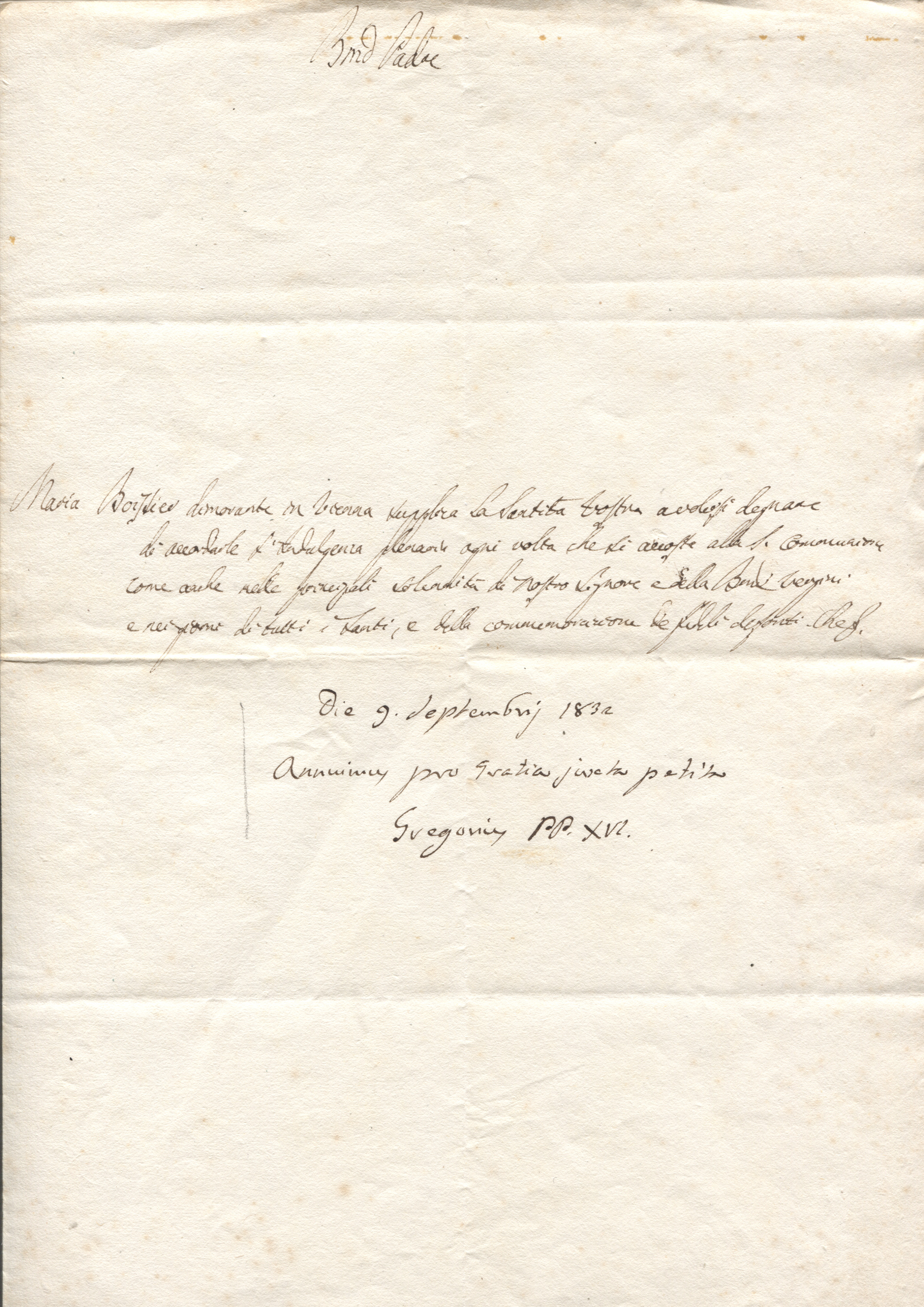 GREGORY XVI — Manuscript request for an Indulgence with his Autograph Acceptance signed, | Sophie Dupré Autographs