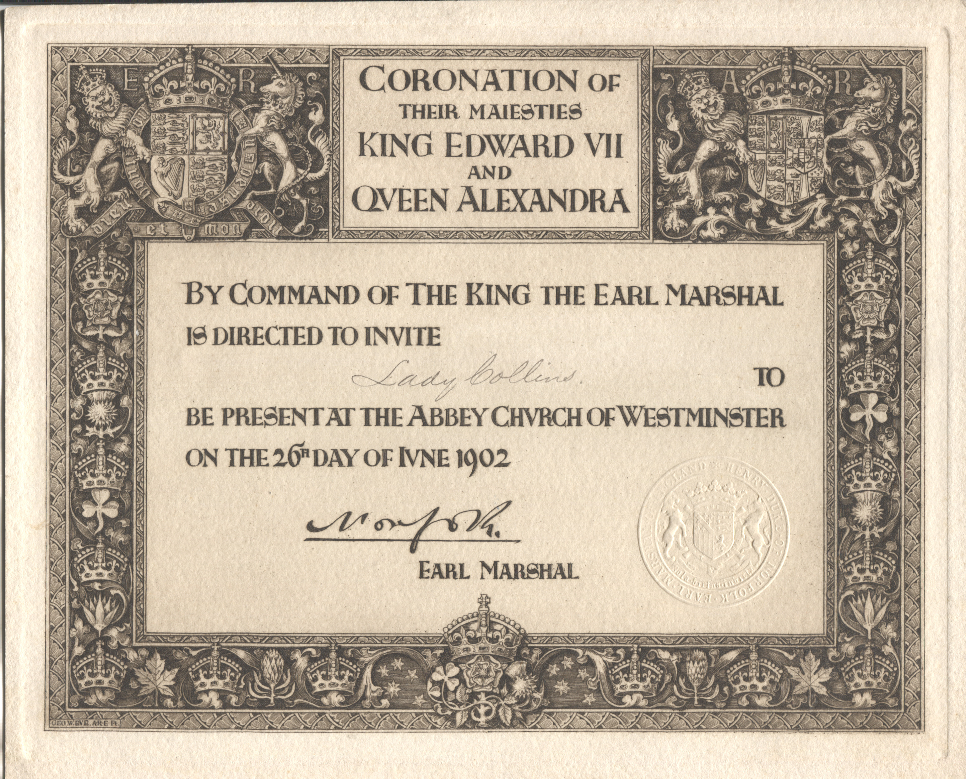 [EDWARD VII — Fine printed invitation to the Coronation | Sophie Dupré Autographs