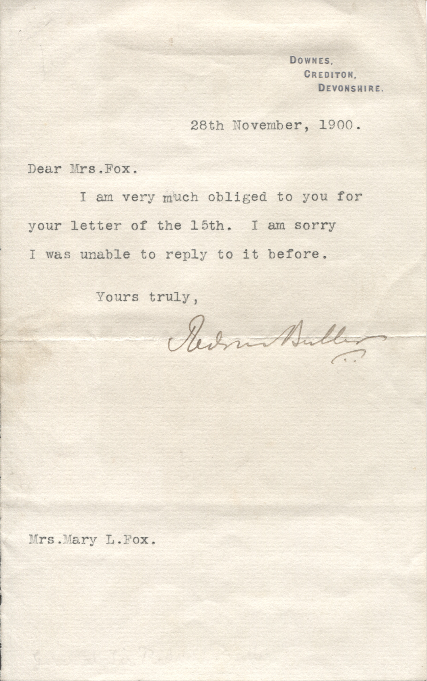 BULLER — Typed Letter Signed to Mrs Mary L. Fox | Sophie Dupré Autographs