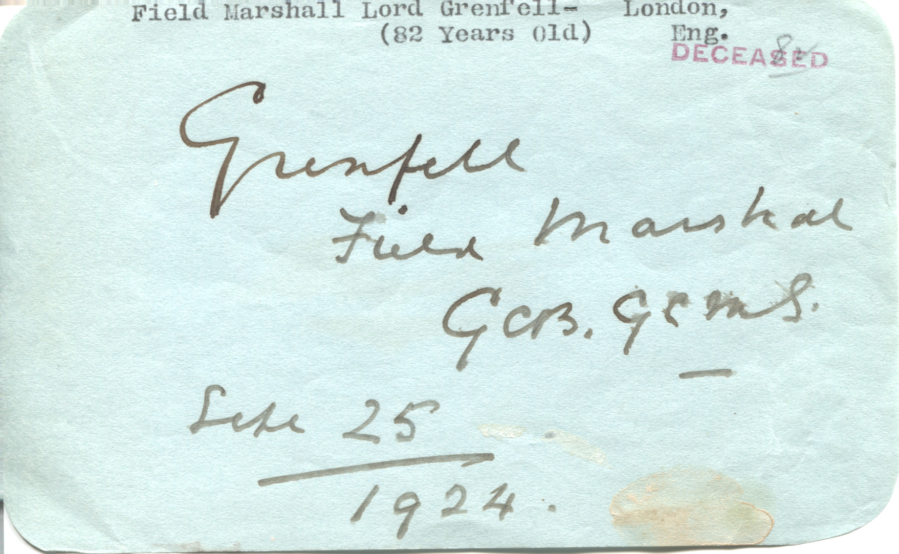 GRENFELL — Fine Signature with his tile Field Marshal, GCB. GCMB | Sophie Dupré Autographs