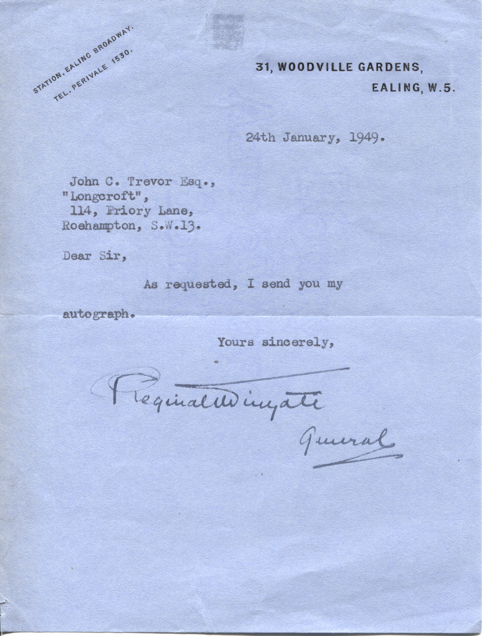 WINGATE — Typed Letter Signed 'Reginald Wingate General' to John C. Trevor | Sophie Dupré Autographs