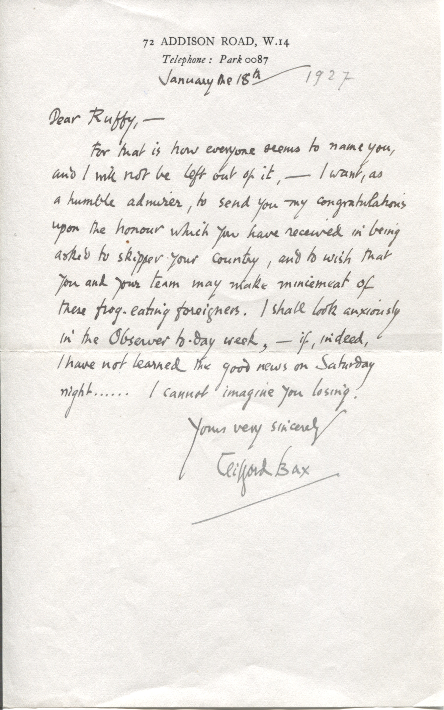 BAX — Autograph Letter Signed to 'Dear Ruffy' | Sophie Dupré Autographs