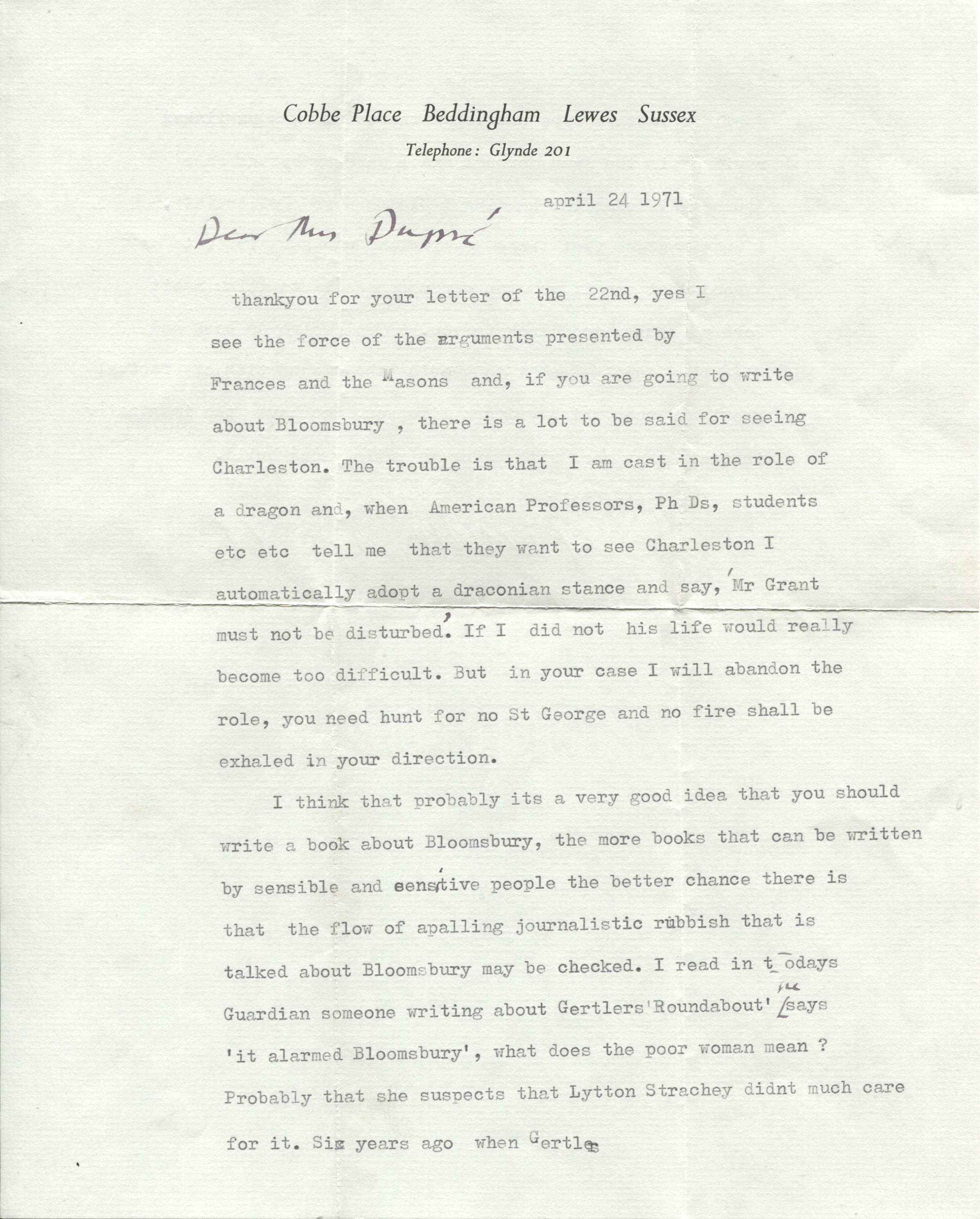 BELL — Fine Long Typed Letter Signed to Mrs Dupré | Sophie Dupré Autographs