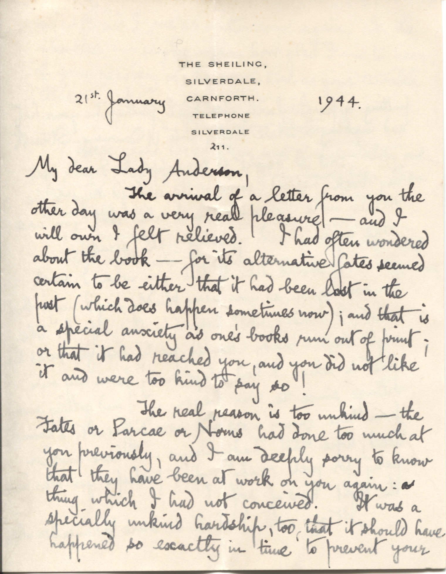 BOTTOMLEY — Fine Long Autograph Letter Signed to Lady ANDERSON | Sophie Dupré Autographs