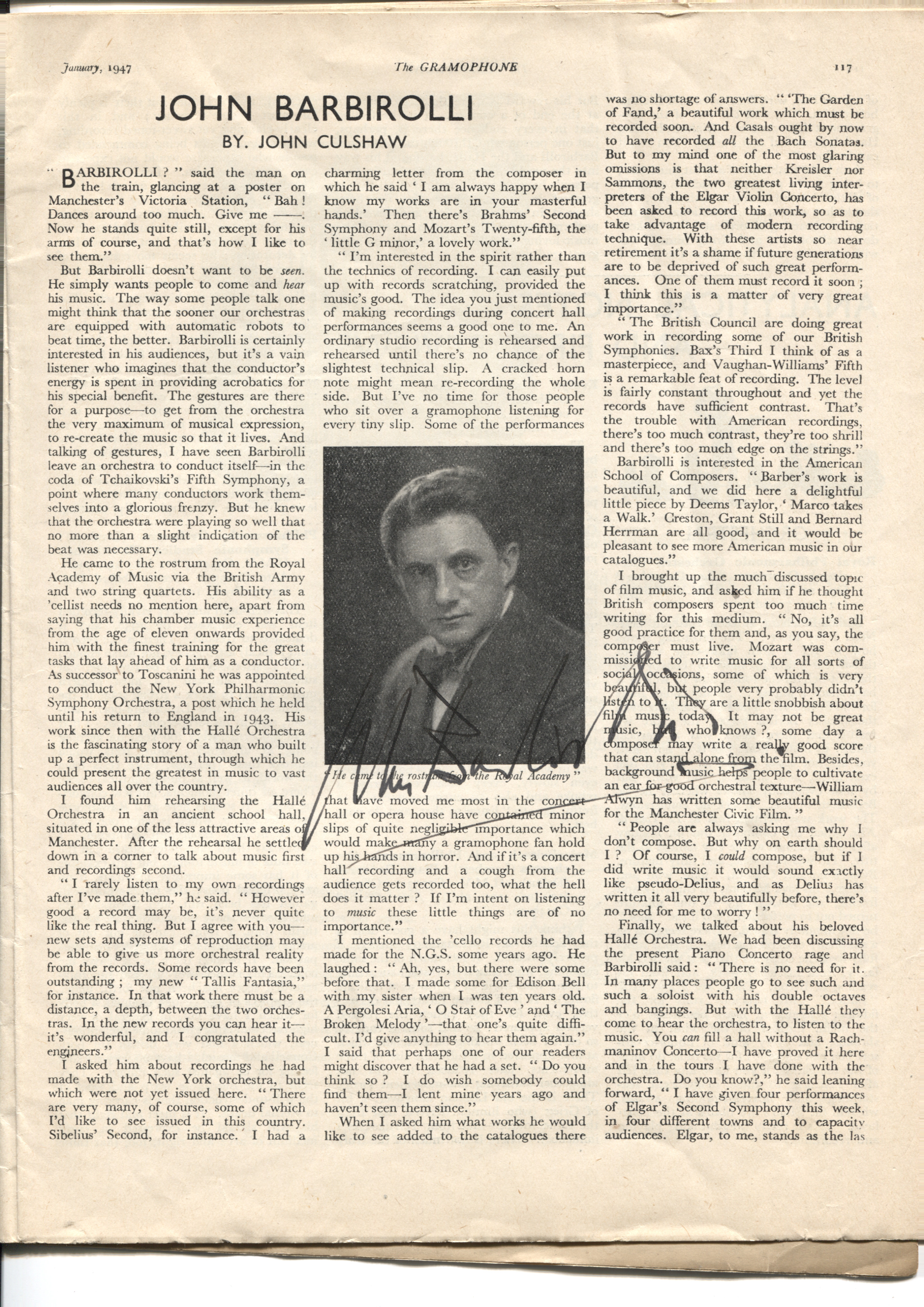 BARBIROLLI — Copy of 'The Gramophone' signed on his picture in an article about him | Sophie Dupré Autographs