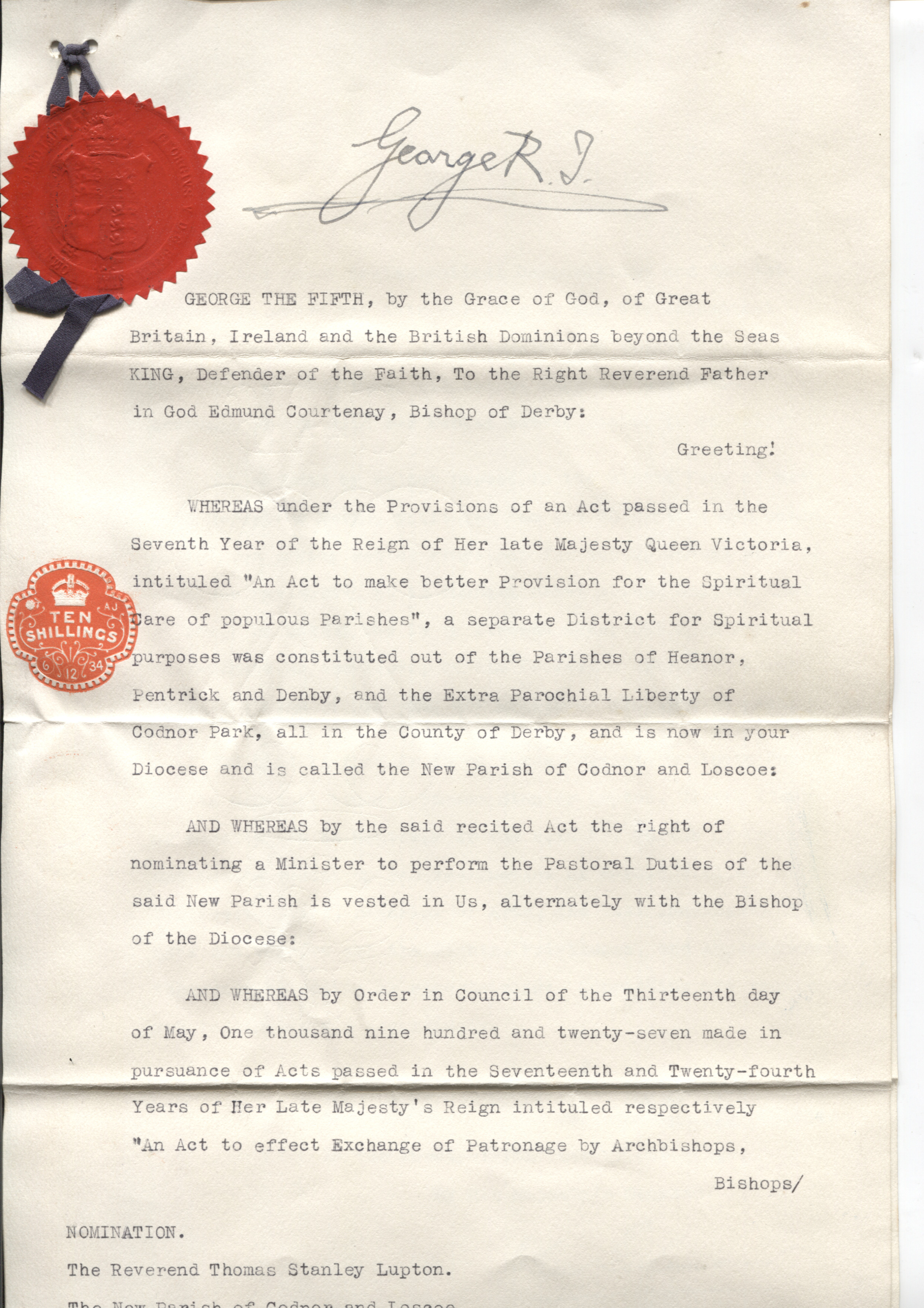 GEORGE V — Fine Typed Document signed at the head 'George R.I.' addressed to Edmund Courtenay PEARCE | Sophie Dupré Autographs