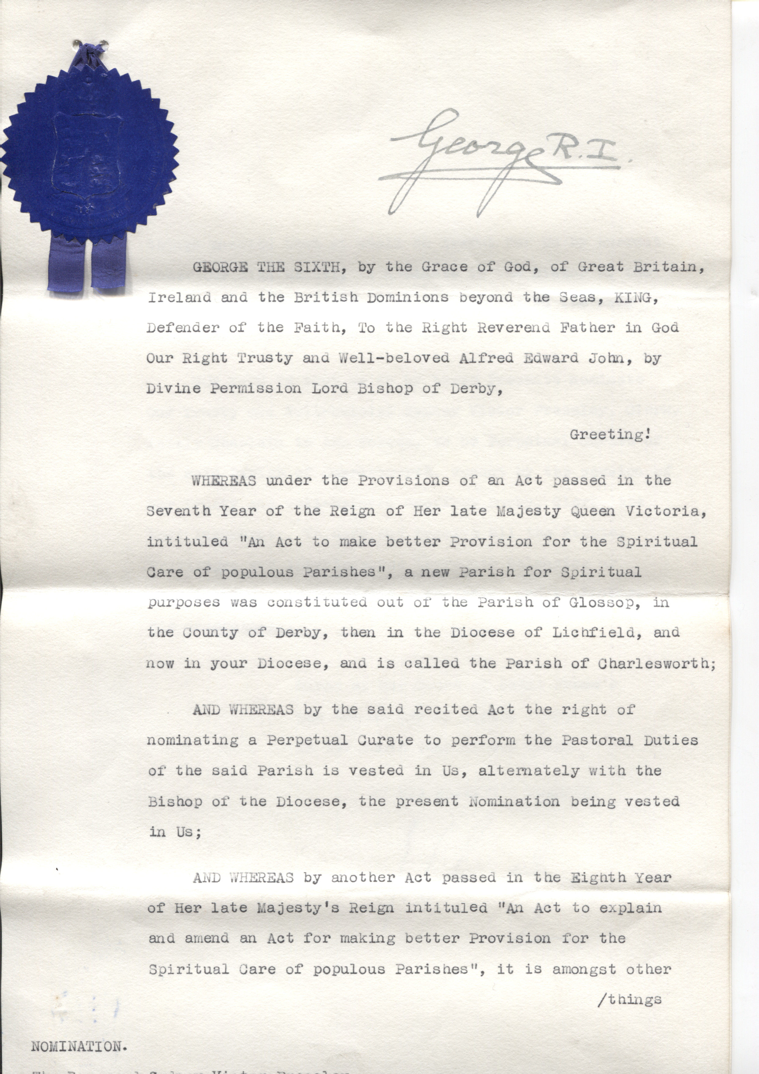 GEORGE VI — Fine Typed document boldly signed at the head by the King 'George R.I.' addressed to Alfred Edward John RAWLINSON | Sophie Dupré Autographs