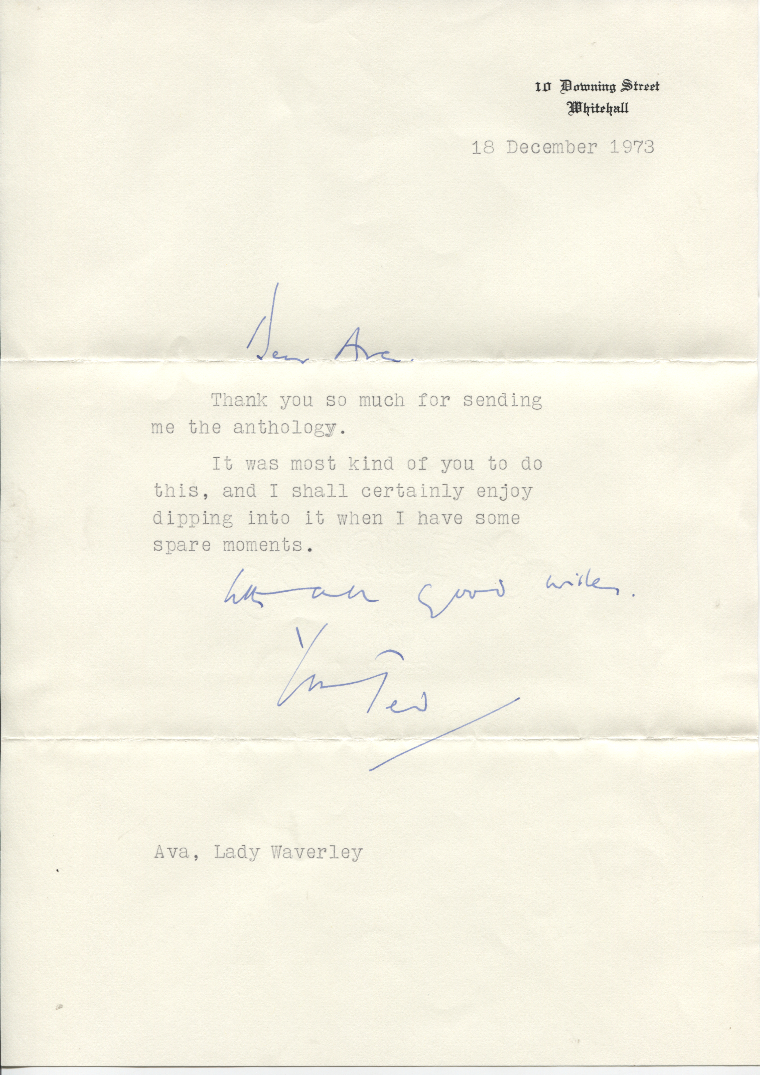 HEATH — Typed Letter Signed 'Ted' as Prime Minister with autograph salutation and subscription to Ava', Lady WAVERLEY | Sophie Dupré Autographs