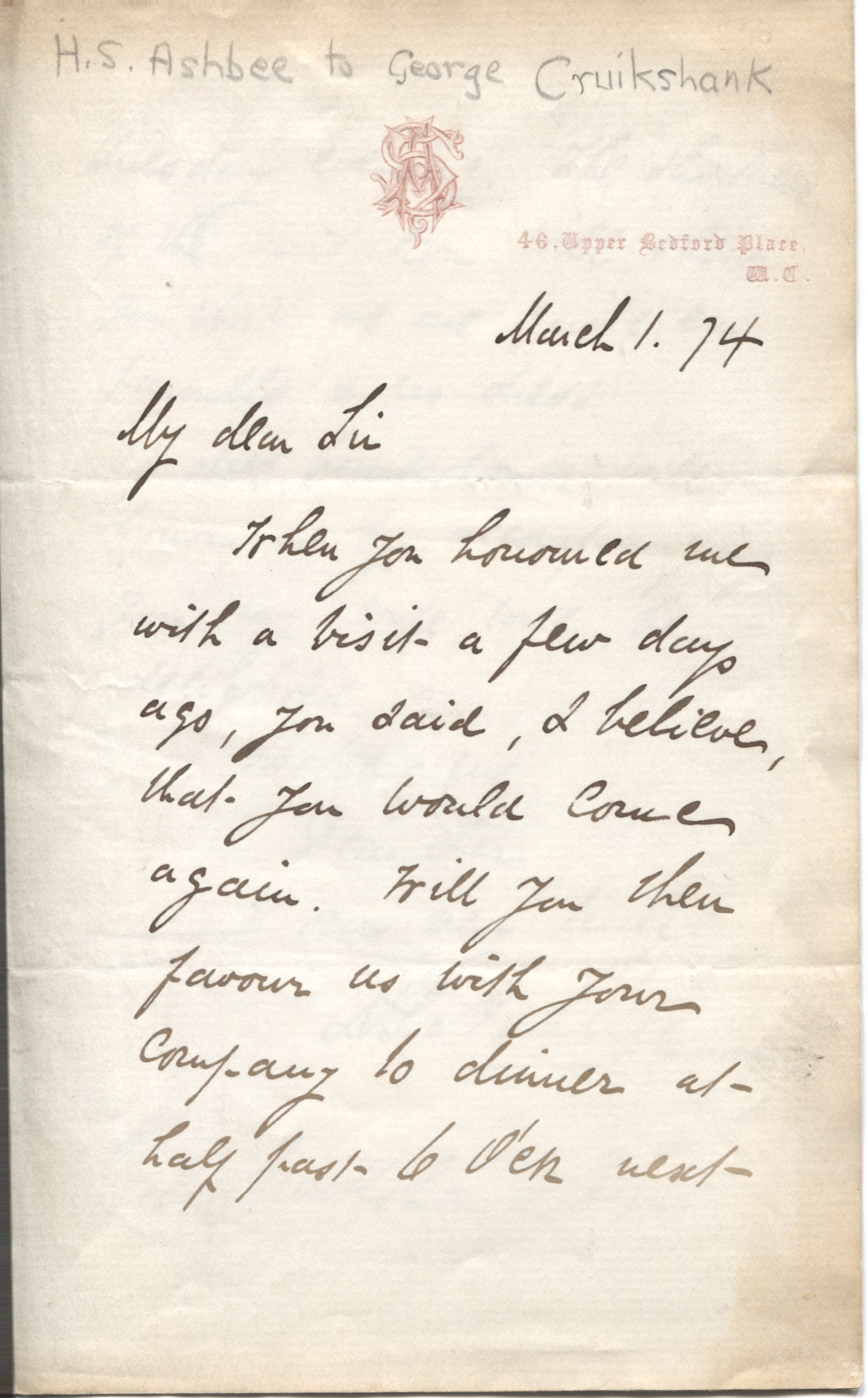 ASHBEE — Autograph Letter Signed to George CRUIKSHANK | Sophie Dupré Autographs