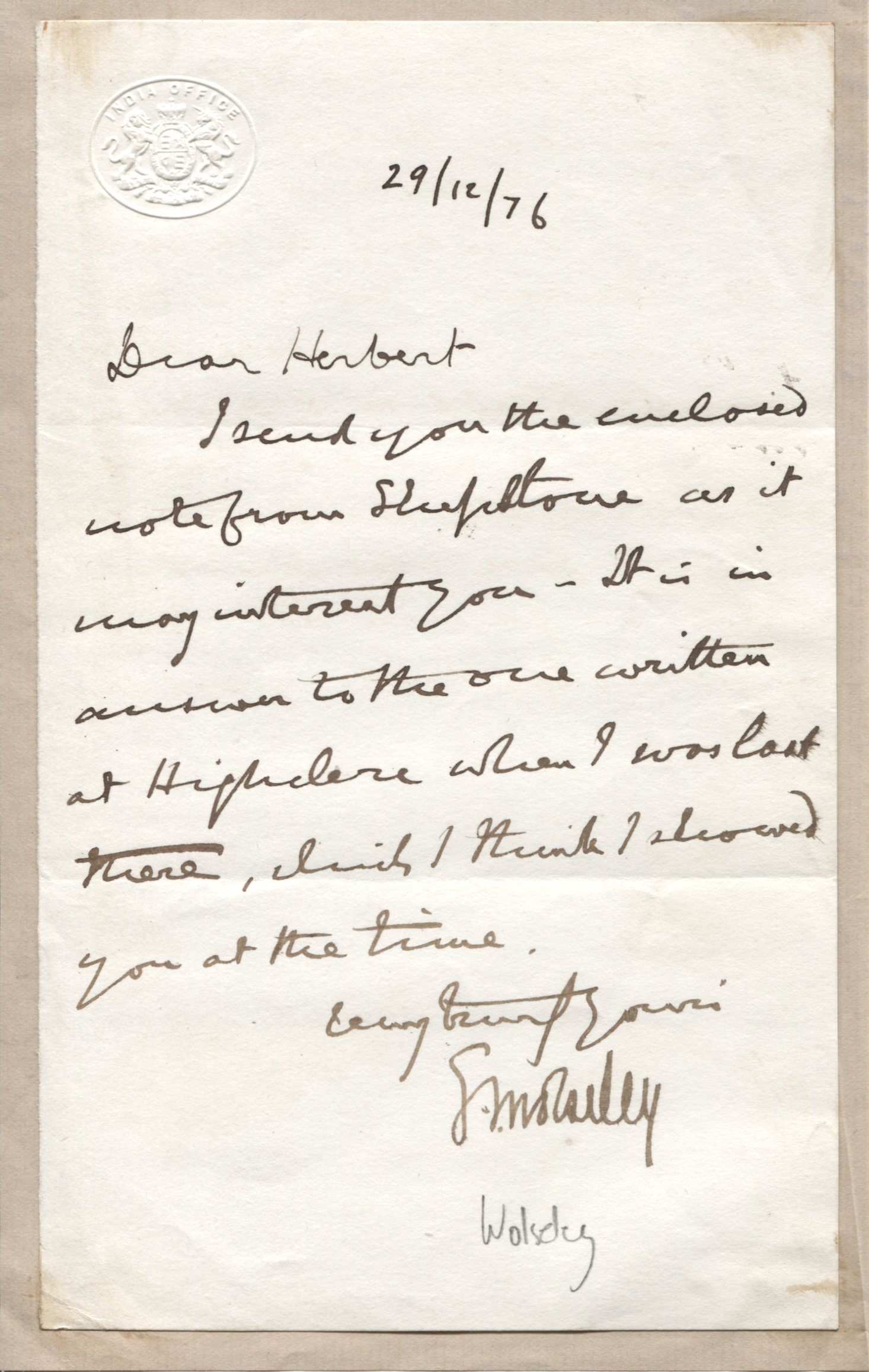 WOLSELEY — Autograph Letter Signed to 'Dear Herbert' | Sophie Dupré Autographs