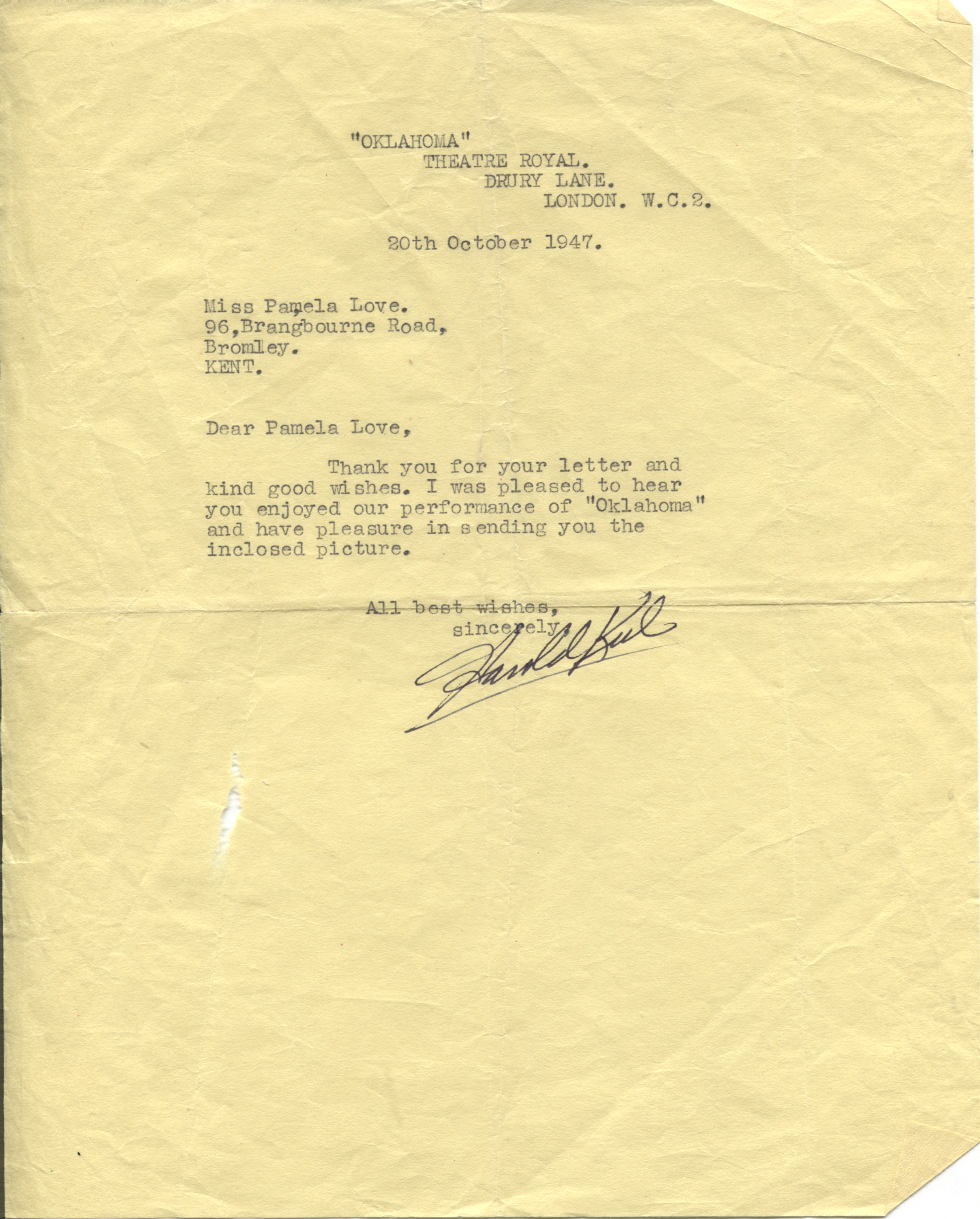 KEEL — Typed Letter Signed 'Harold Keel' on yellow paper to Pamela Love | Sophie Dupré Autographs