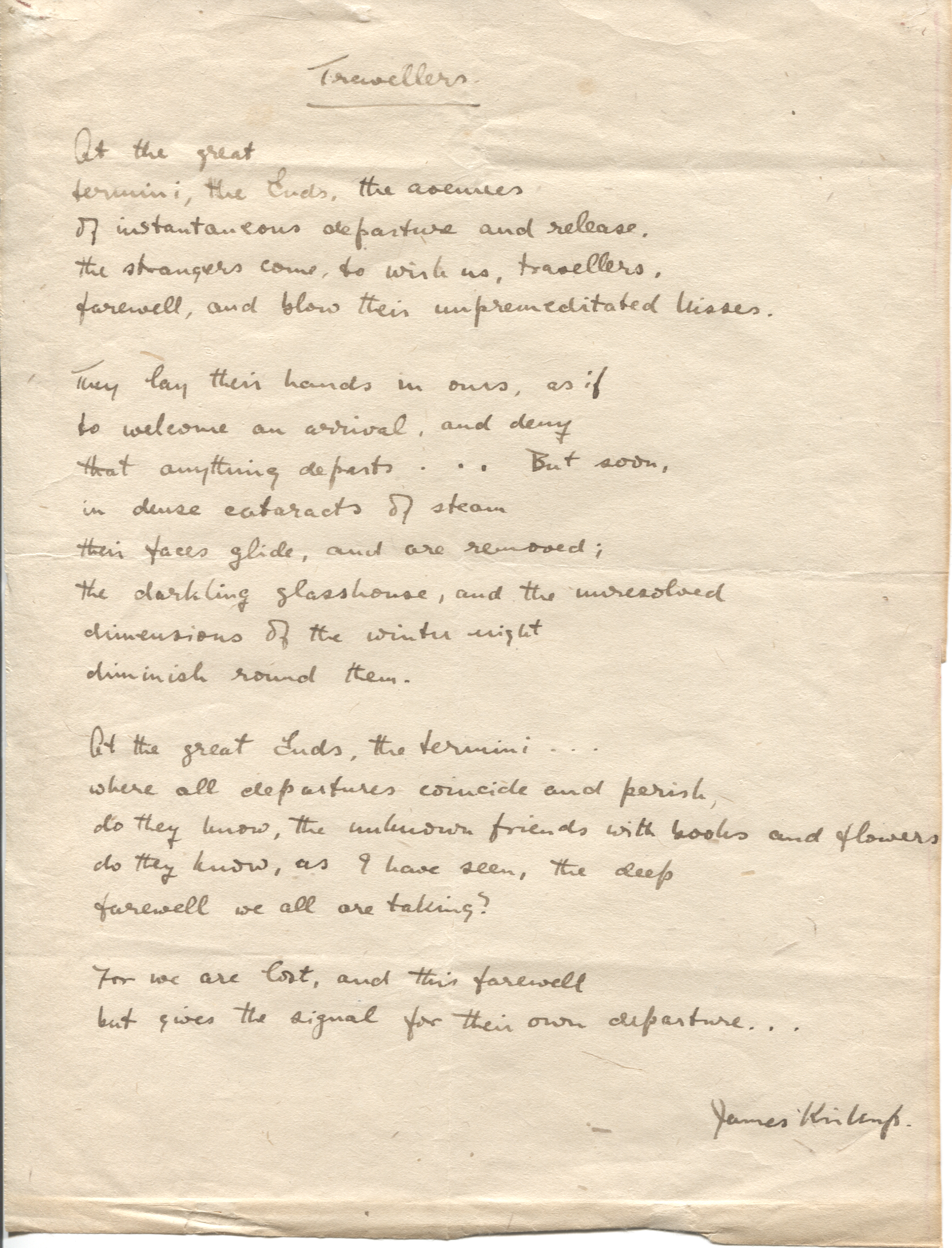 KIRKUP — Original Autograph Poem signed and dated, titled Travellers | Sophie Dupré Autographs