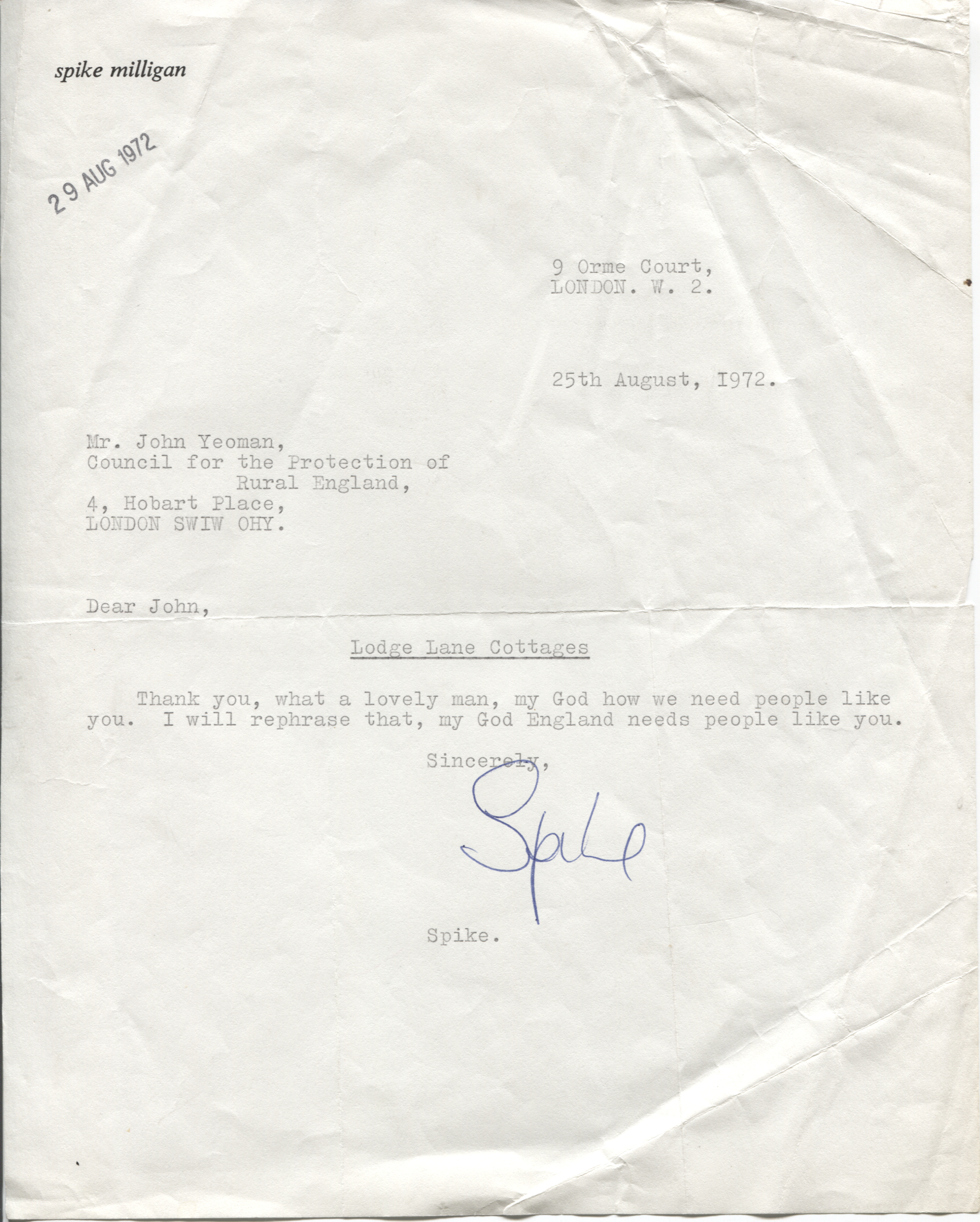 MILLIGAN — Typed Letter signed 'Spike' to John Yeoman | Sophie Dupré Autographs