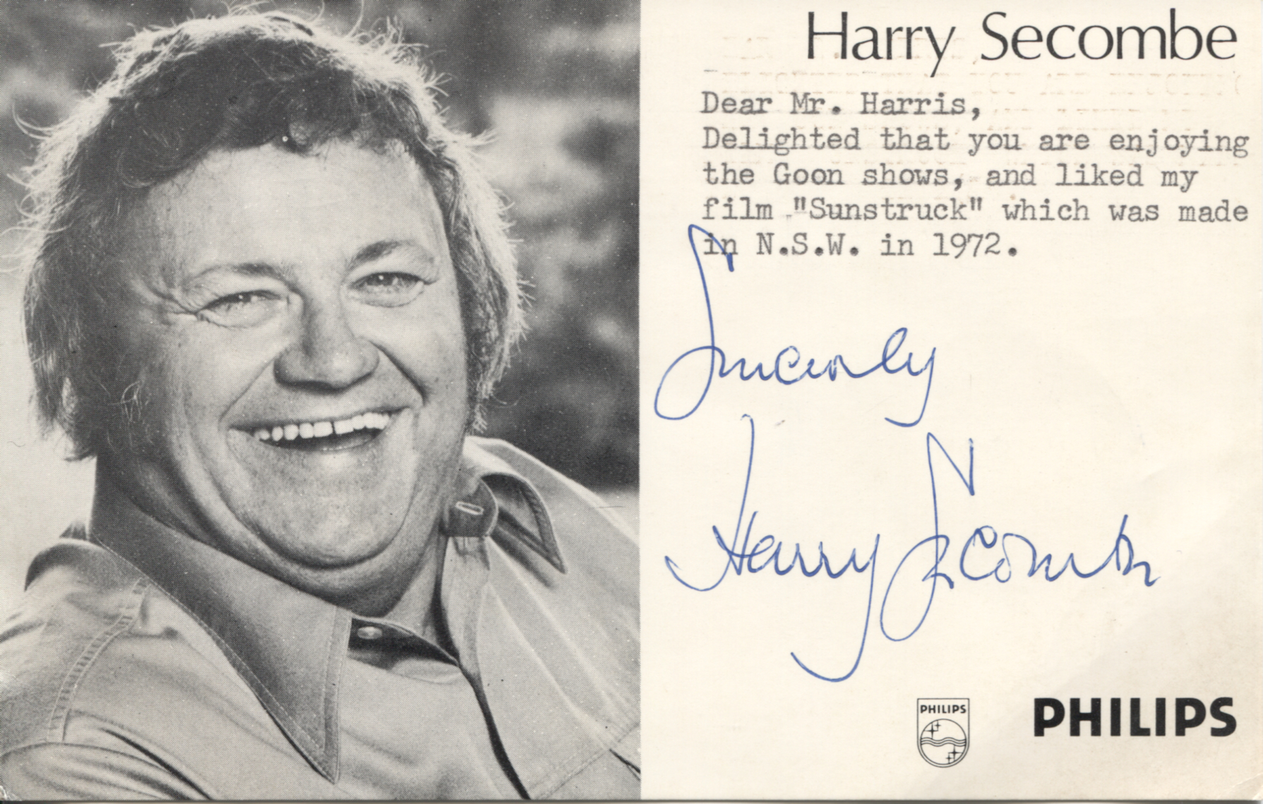 SECOMBE — Publicity photo by Philips, with a typed note signed and inscribed to Mr Harris | Sophie Dupré Autographs