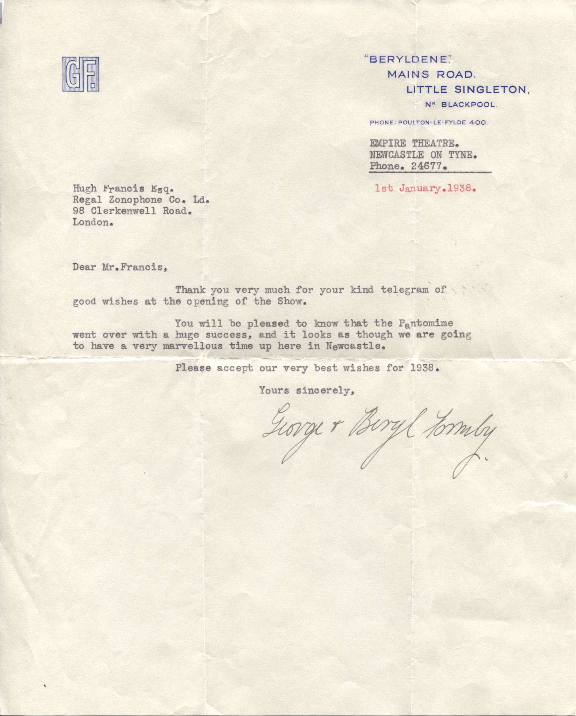 FORMBY — Typed letter signed for both by George to Hugh Francis at Regal Zonophone | Sophie Dupré Autographs