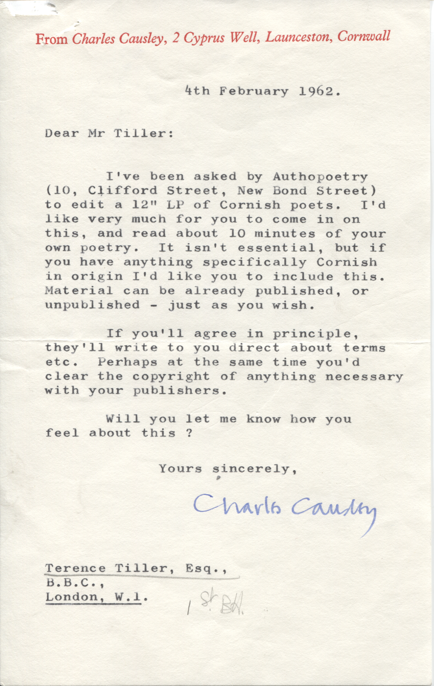 CAUSLEY — Autograph Letter Signed in full to Terence TILLER | Sophie Dupré Autographs