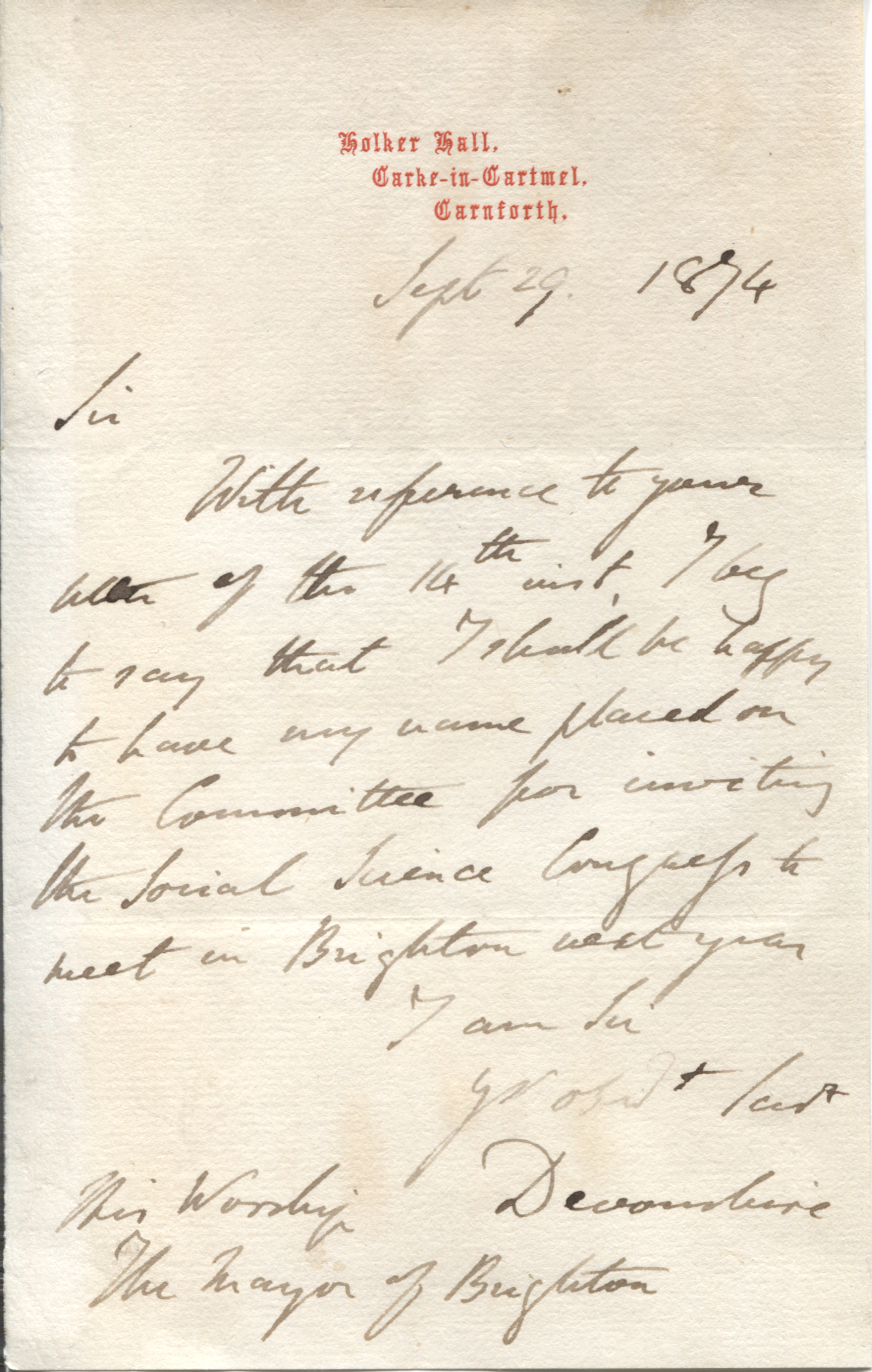 DEVONSHIRE — Autograph Letter Signed 'Devonshire' to His Worship the Mayor of Brighton | Sophie Dupré Autographs