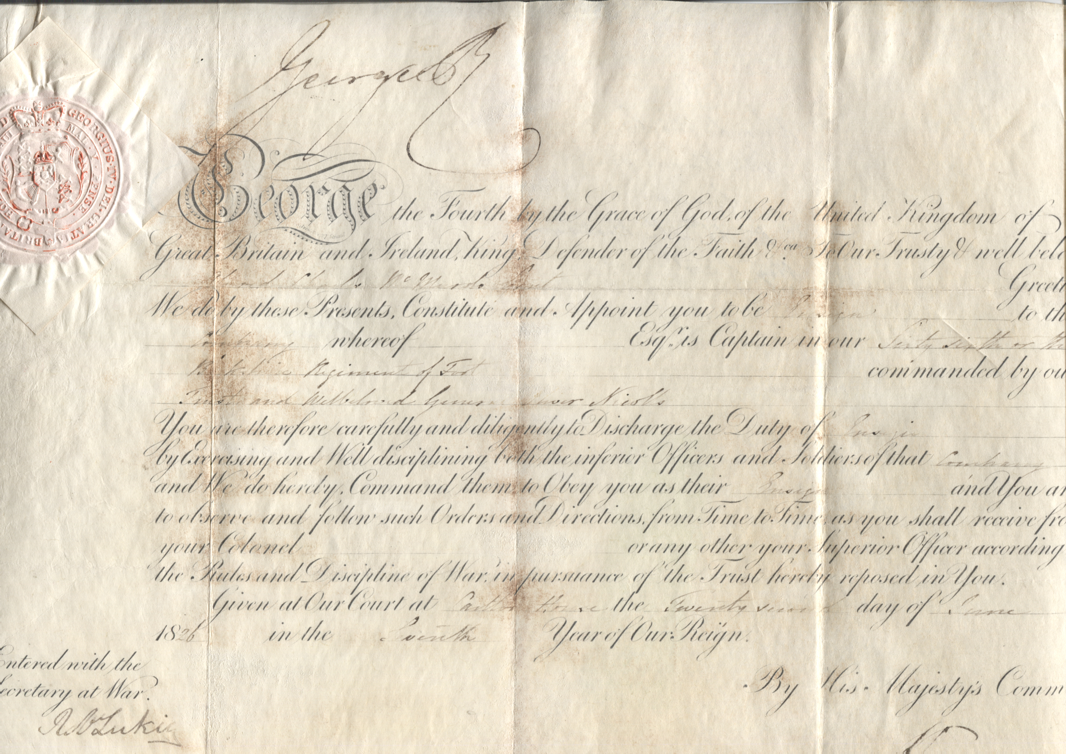 GEORGE IV — Fine Document signed as King, printed with the details filled in by hand, | Sophie Dupré Autographs