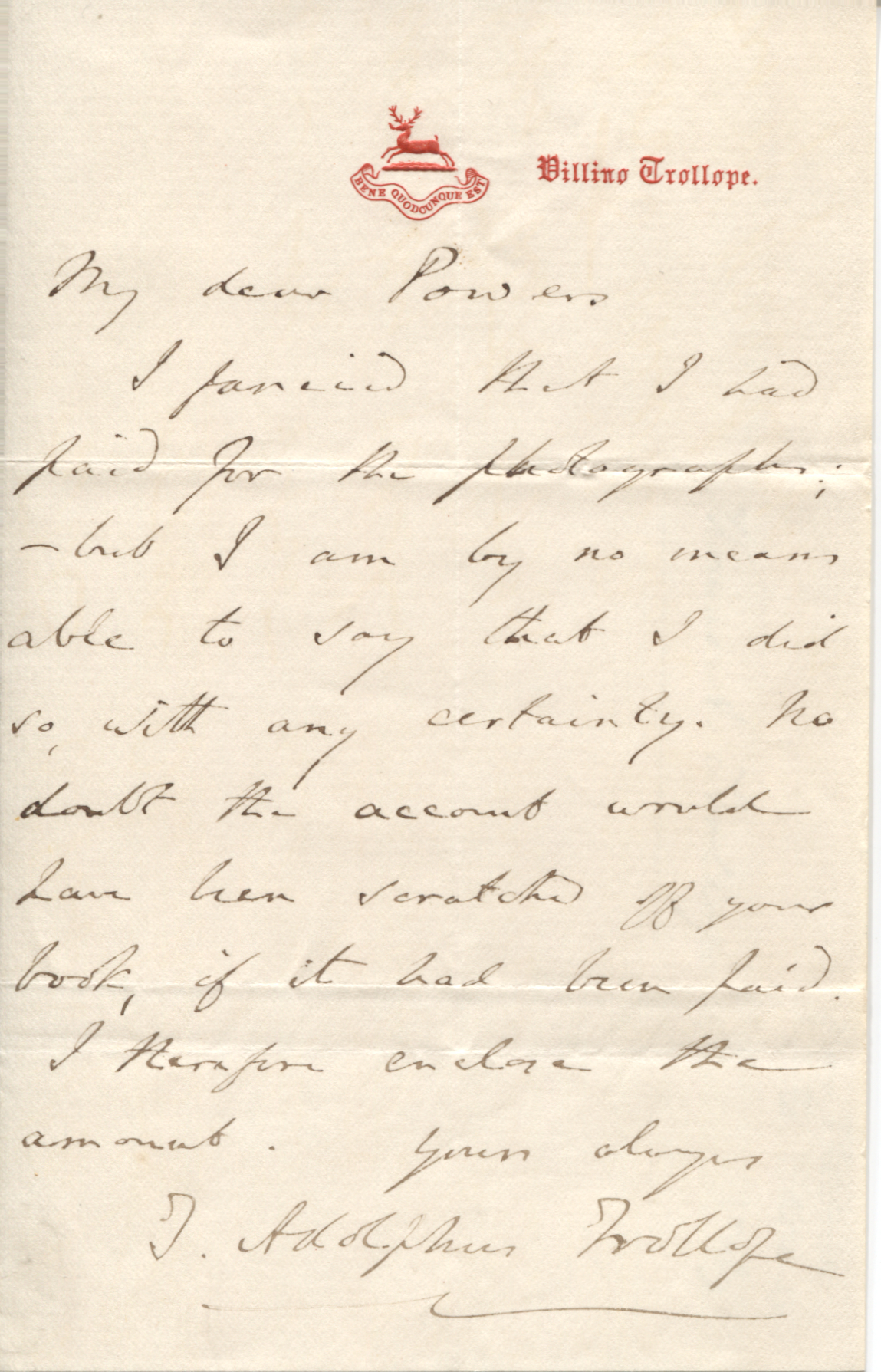 TROLLOPE — Fine Autograph Letter Signed to Powers | Sophie Dupré Autographs
