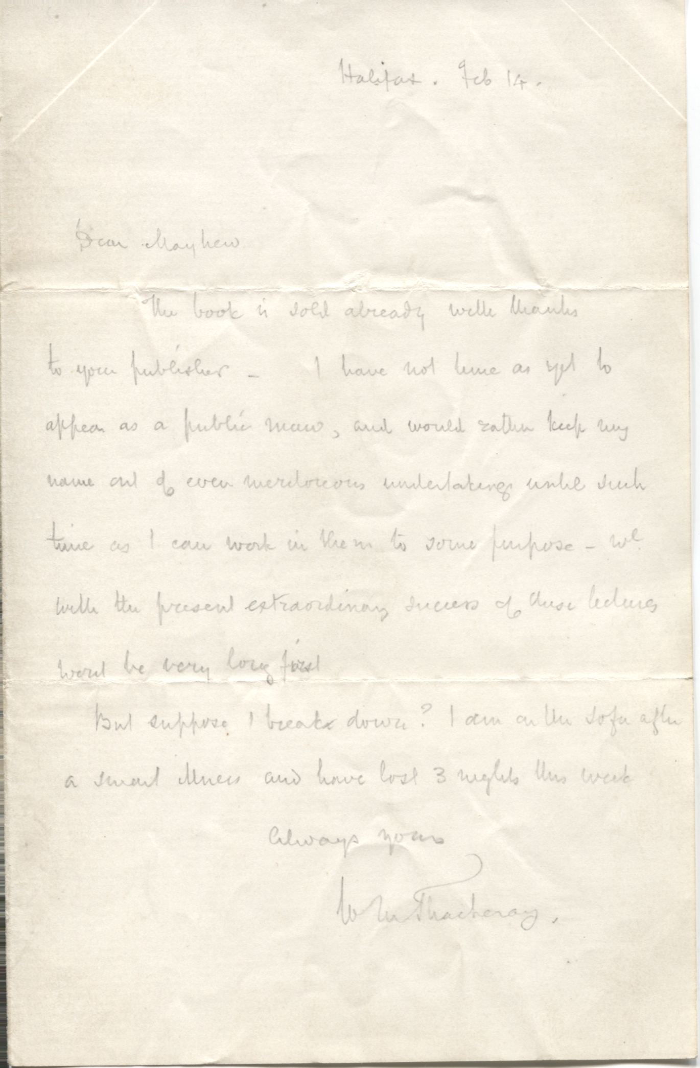 THACKERAY — Fine Autograph Letter in pencil Signed in his upright hand to 'Dear Mayhew' | Sophie Dupré Autographs