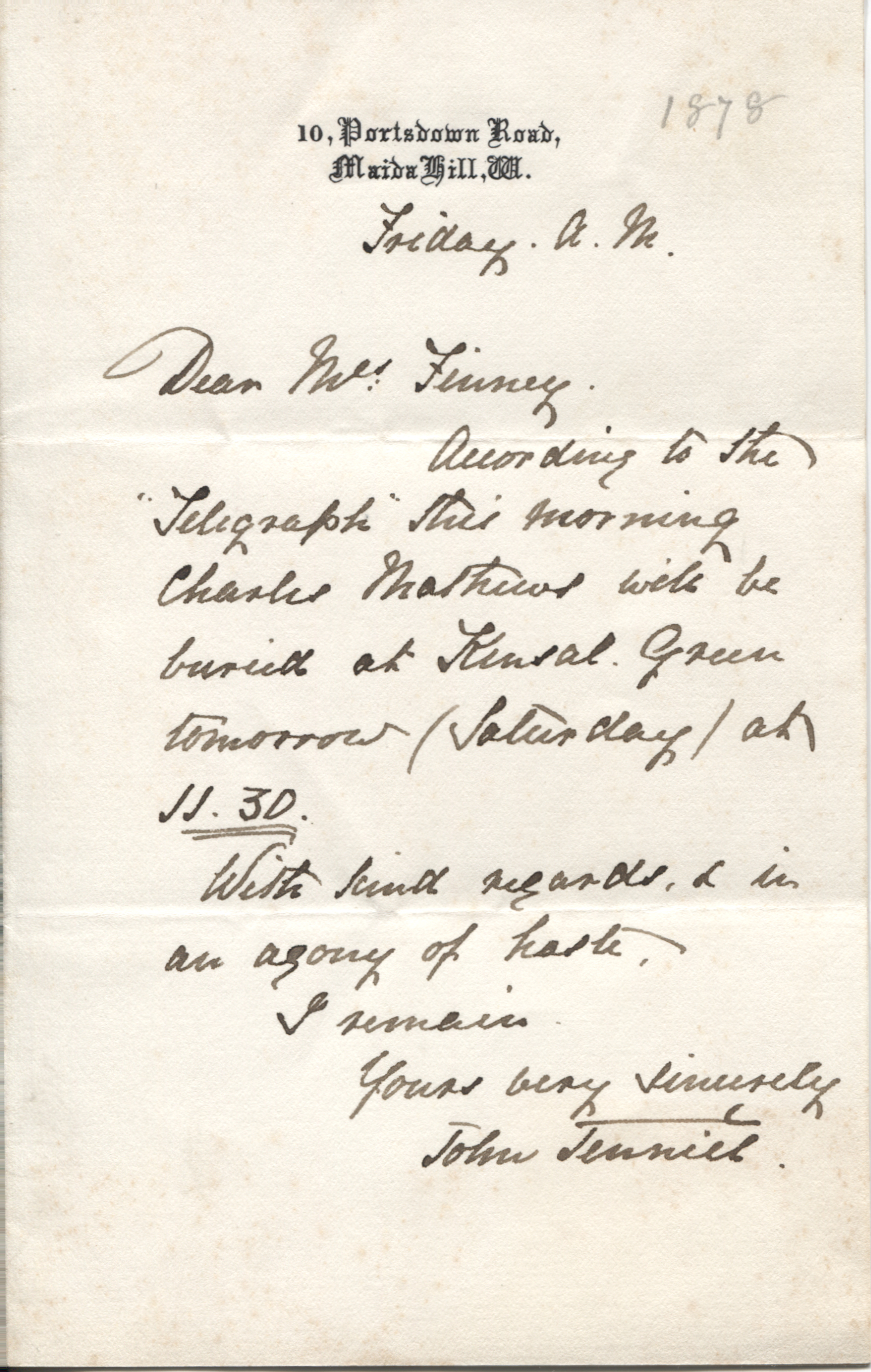 TENNIEL — Fine Autograph Letter Signed to Mrs Finney | Sophie Dupré Autographs