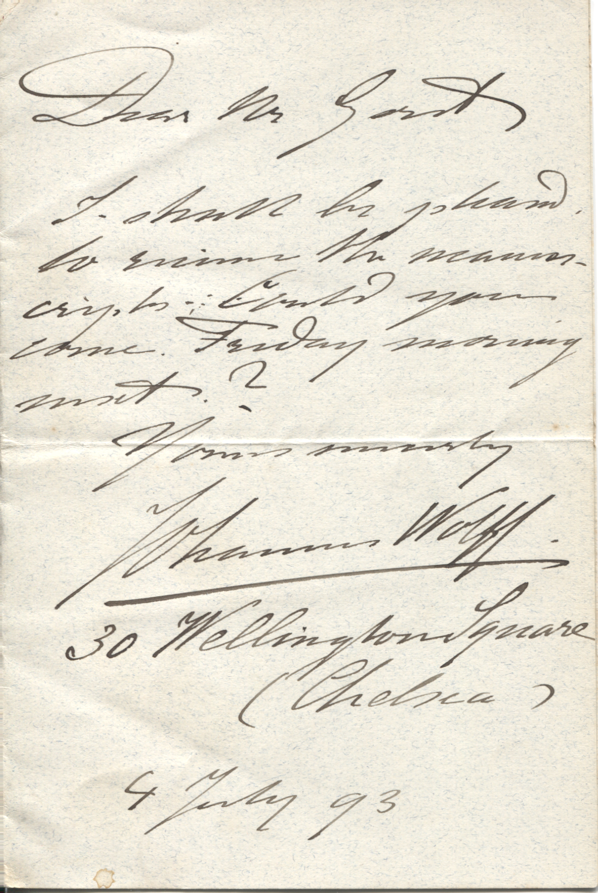 WOLFF — Autograph Letter Signed to Mr Gort | Sophie Dupré Autographs