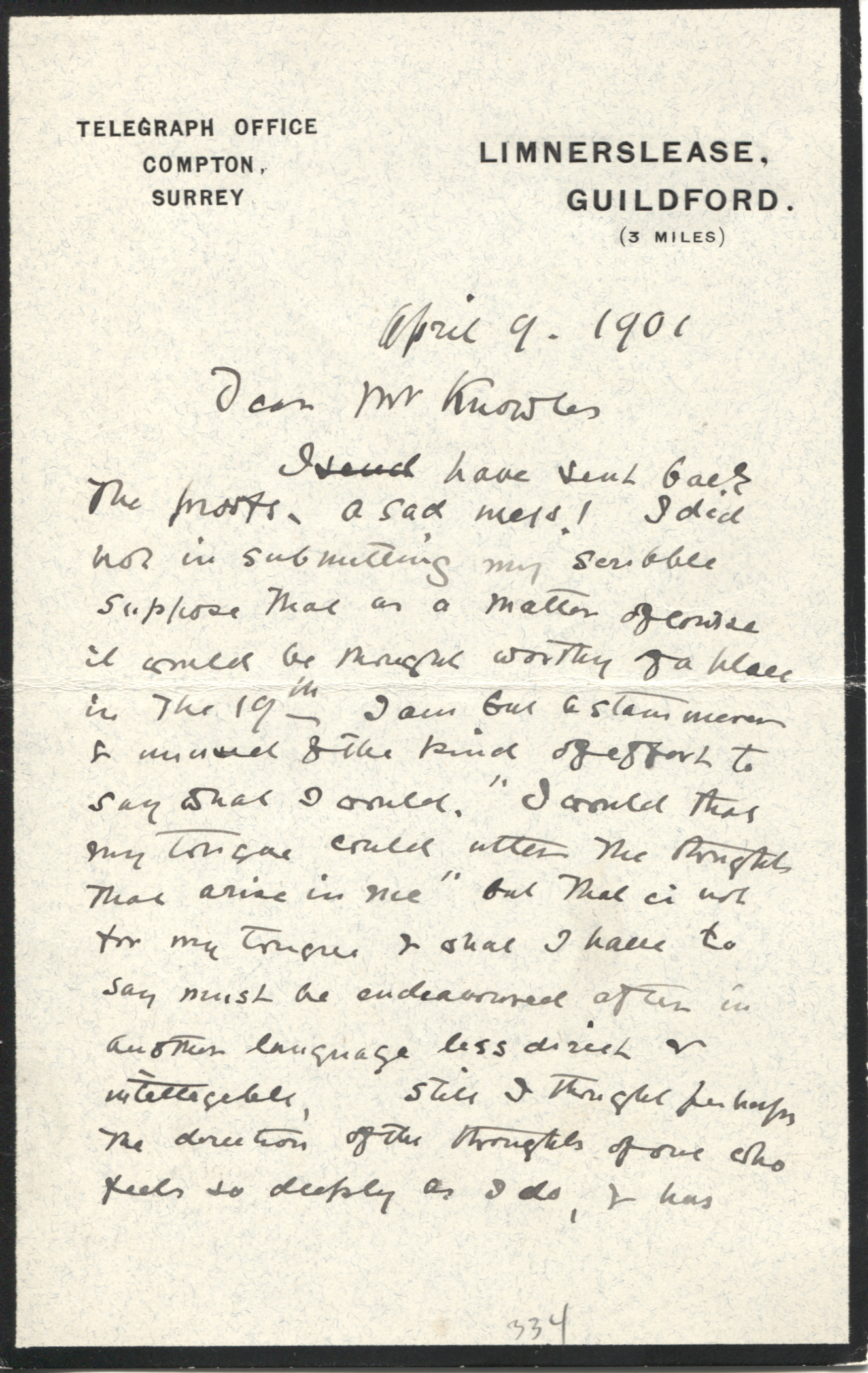 WATTS — Autograph Letter Signed to Mr Knowles | Sophie Dupré Autographs