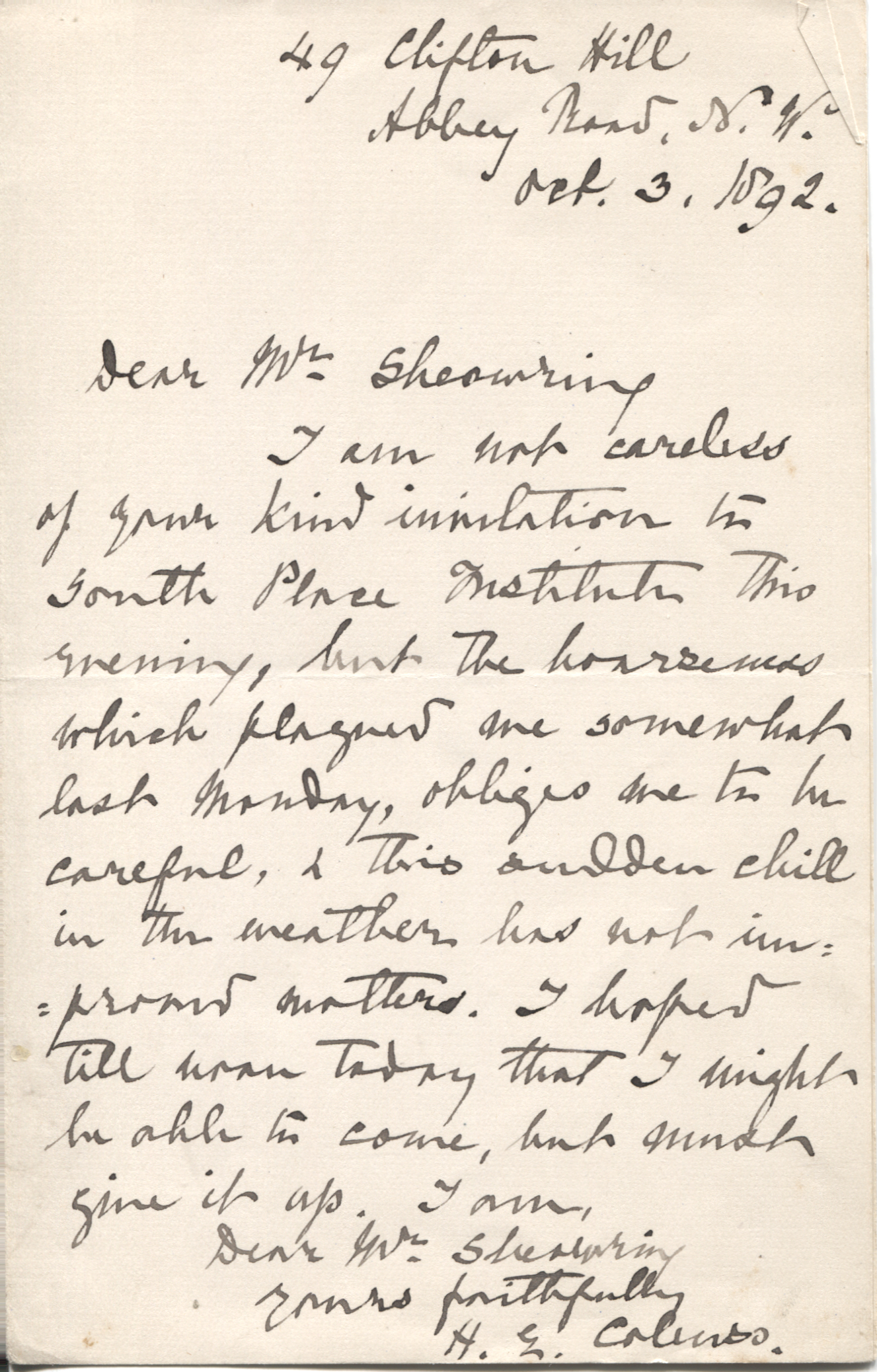 COLENSO — Autograph Letter Signed to Mr Shearing | Sophie Dupré Autographs