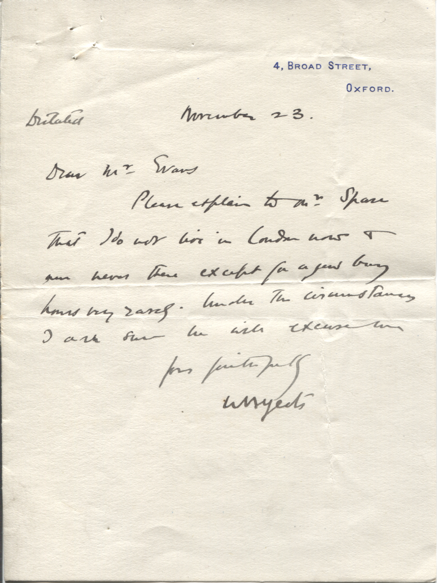 YEATS — Dictated Letter Signed to Mr Evans | Sophie Dupré Autographs