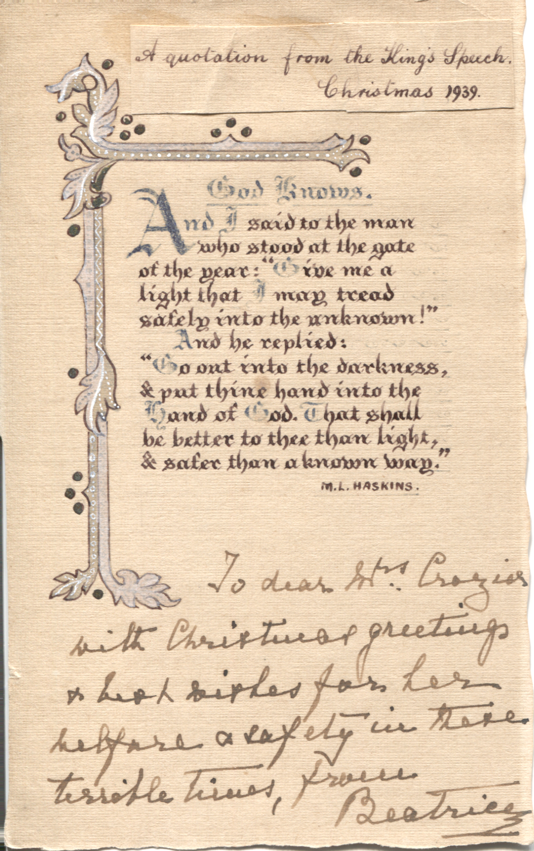 BEATRICE — Christmas card signed to Dear Mrs Crozier | Sophie Dupré Autographs