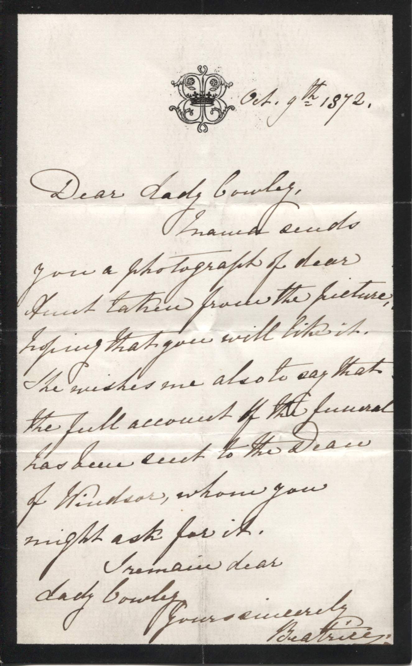 BEATRICE — Autograph Letter Signed 'Beatrice' to Lady Cowley | Sophie Dupré Autographs