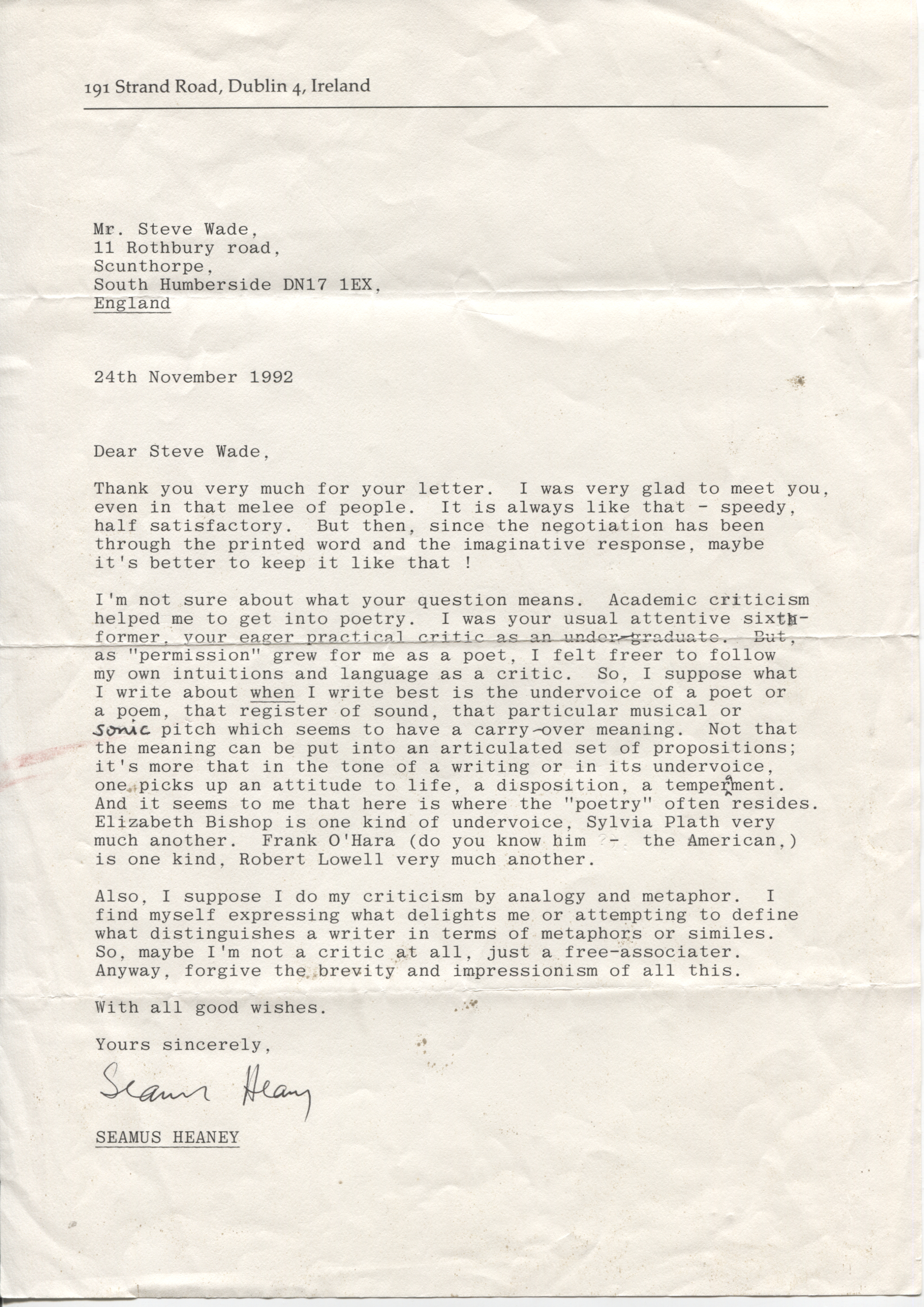 HEANEY — Fine Typed Letter Signed to fellow Author Stephen Wade | Sophie Dupré Autographs