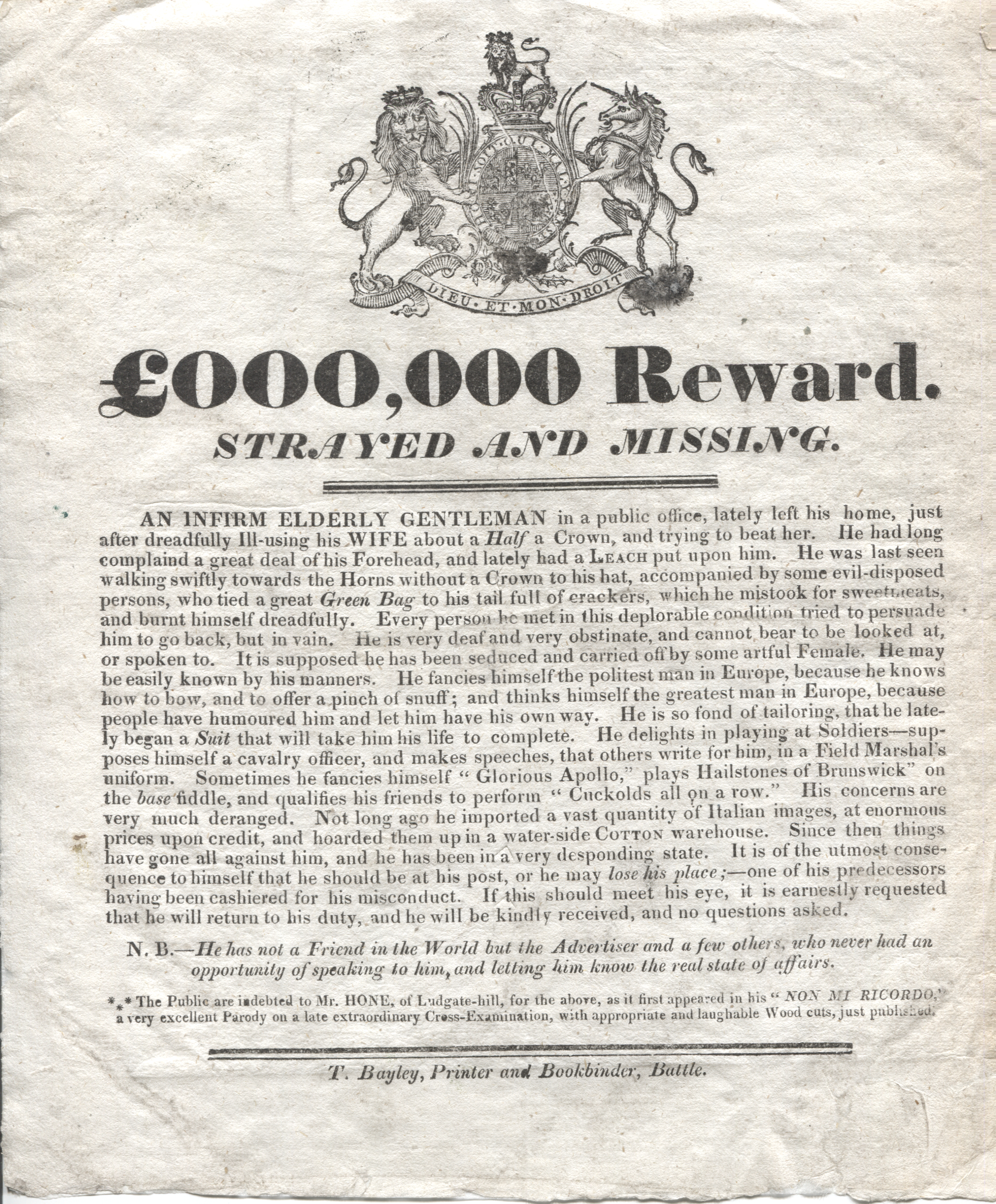 [HONE — Satirical Broadside Printed by T. Bayley, | Sophie Dupré Autographs