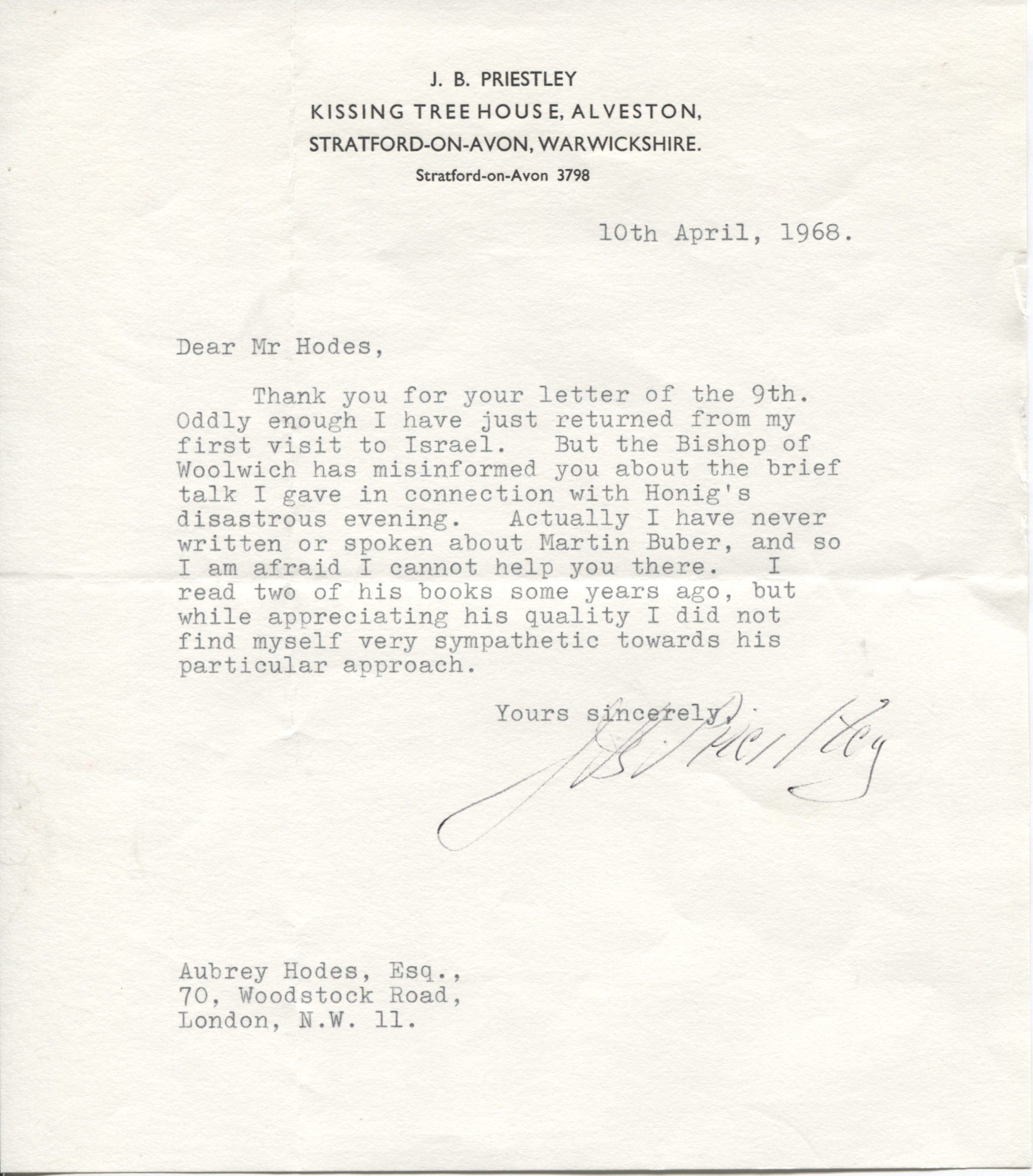 PRIESTLEY — Typed Letter Signed to the author <strong>Aubrey HODES</strong> | Sophie Dupré Autographs