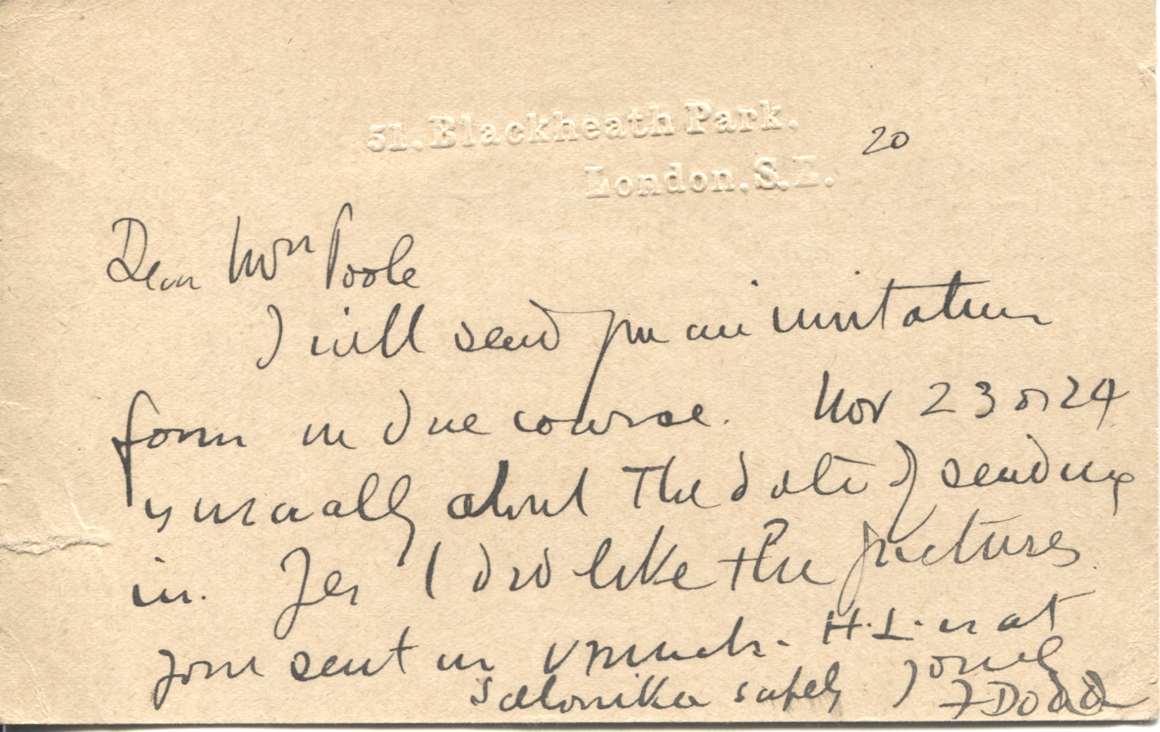 DODD — Autograph Postcard Signed to <strong>Mrs POOLE</strong> | Sophie Dupré Autographs