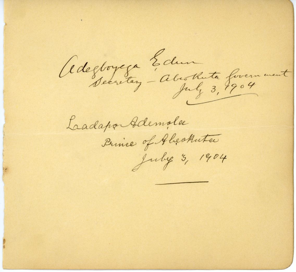 (Laadapo, Prince of Abeokuta in Nigeria, Alake 1920-62) and Adegboyega EDUN (Secretary 1902-1914 to the Egba United Government) — Sophie Dupré Autographs