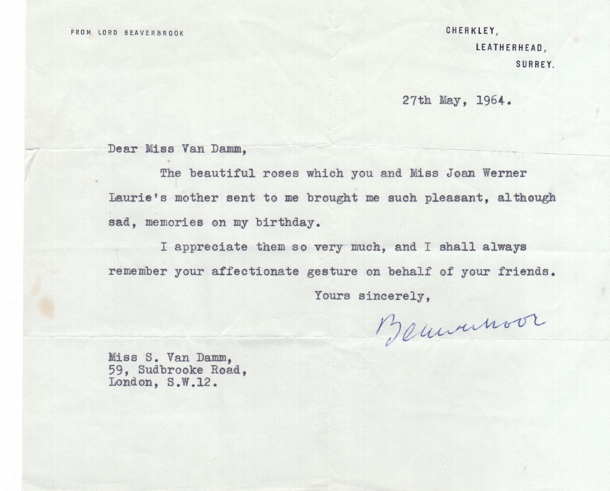 BEAVERBROOK — Typed Letter Signed to Miss van Damm, | Sophie Dupré Autographs