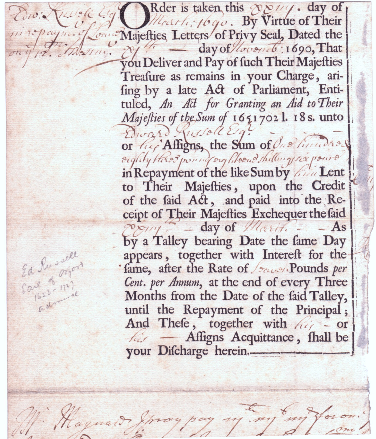 ORFORD — Part Treasury Document Signed on blank verso, | Sophie Dupré Autographs