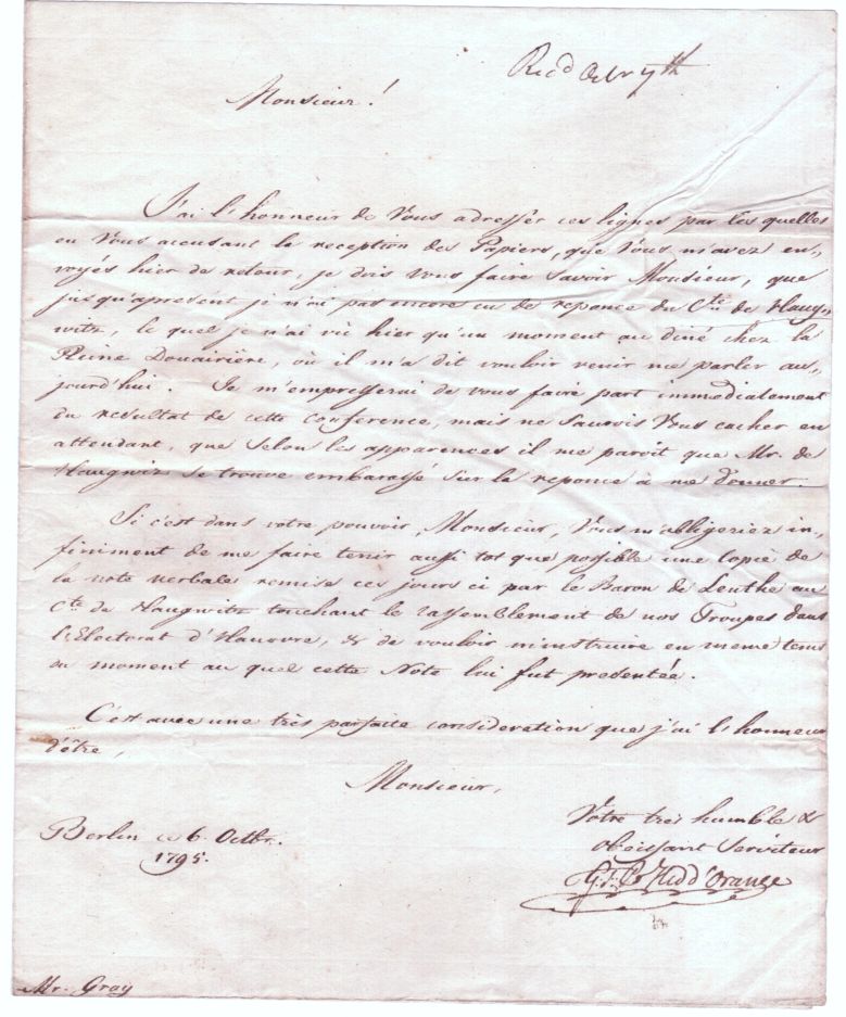 WILLEM I FREDERIK — Letter signed with his initials 'G.F.' and title as Hereditary Prince of Orange, | Sophie Dupré Autographs