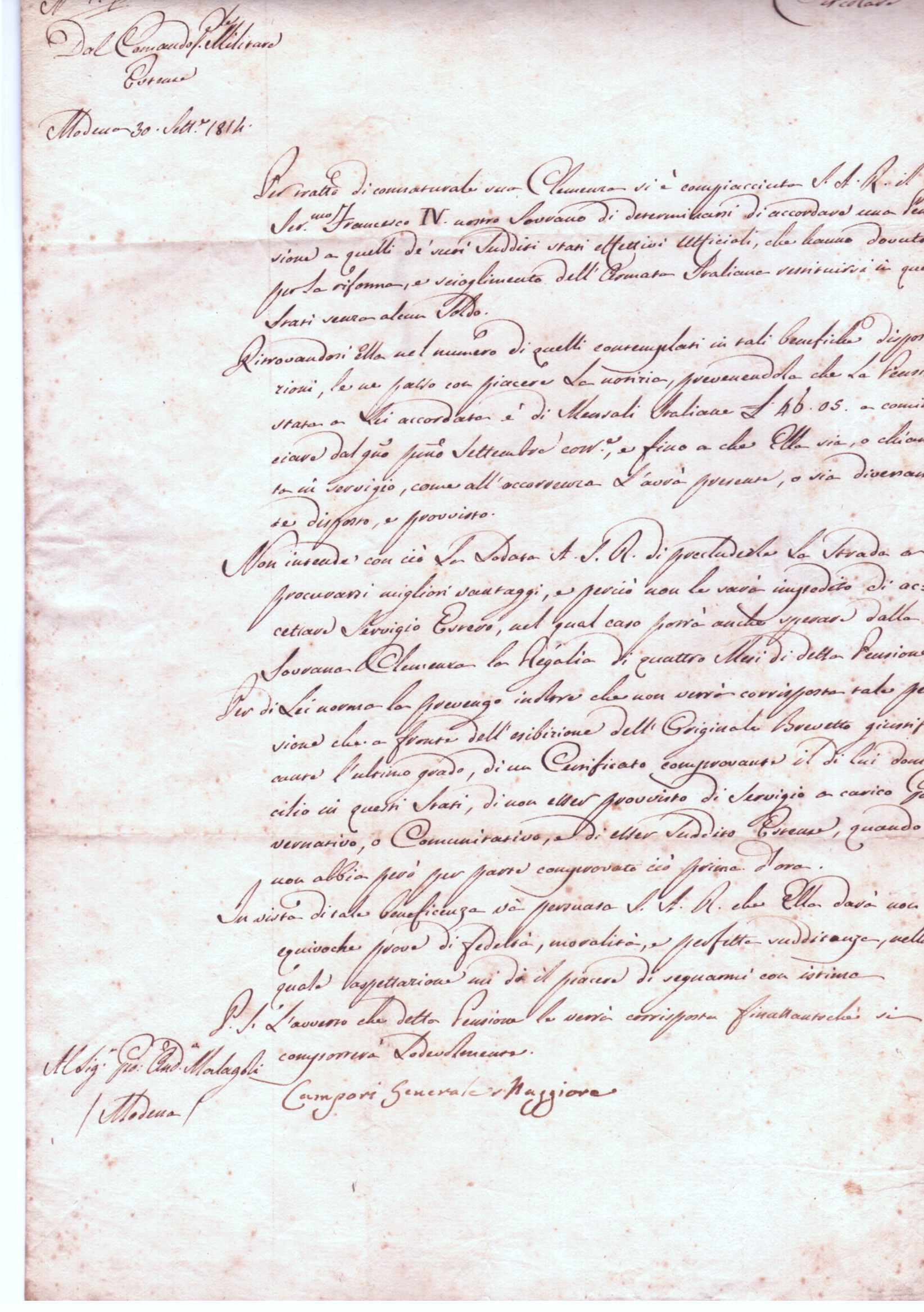 CAMPORI — Document signed, in Italian with translation, to Giovanni Andrea Malagoli, | Sophie Dupré Autographs