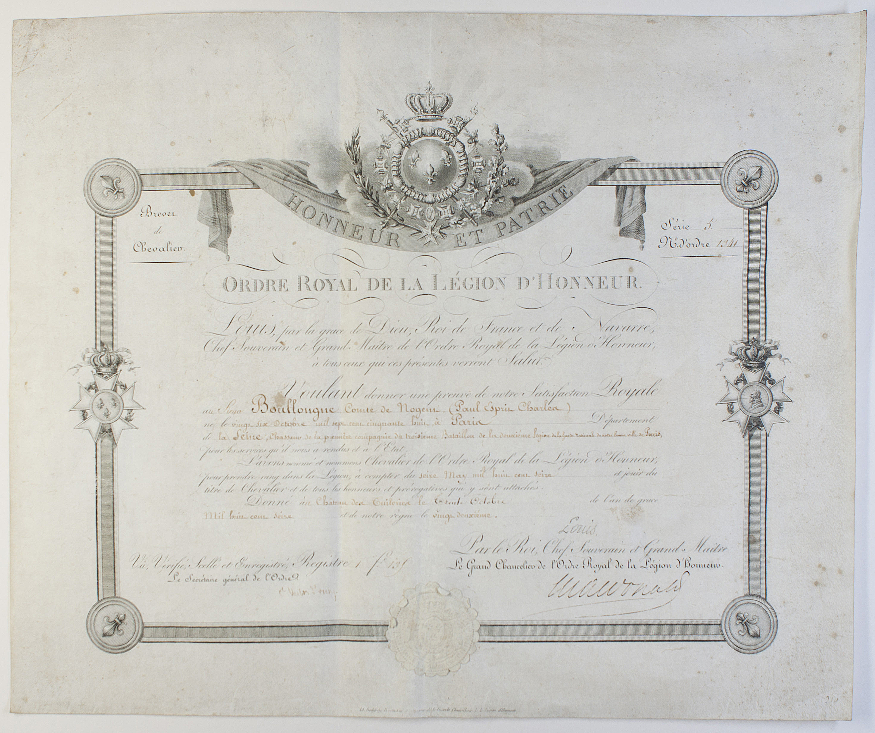 LOUIS XVIII — Certificate of appointment as Chevalier in the Legion of Honour, | Sophie Dupré Autographs
